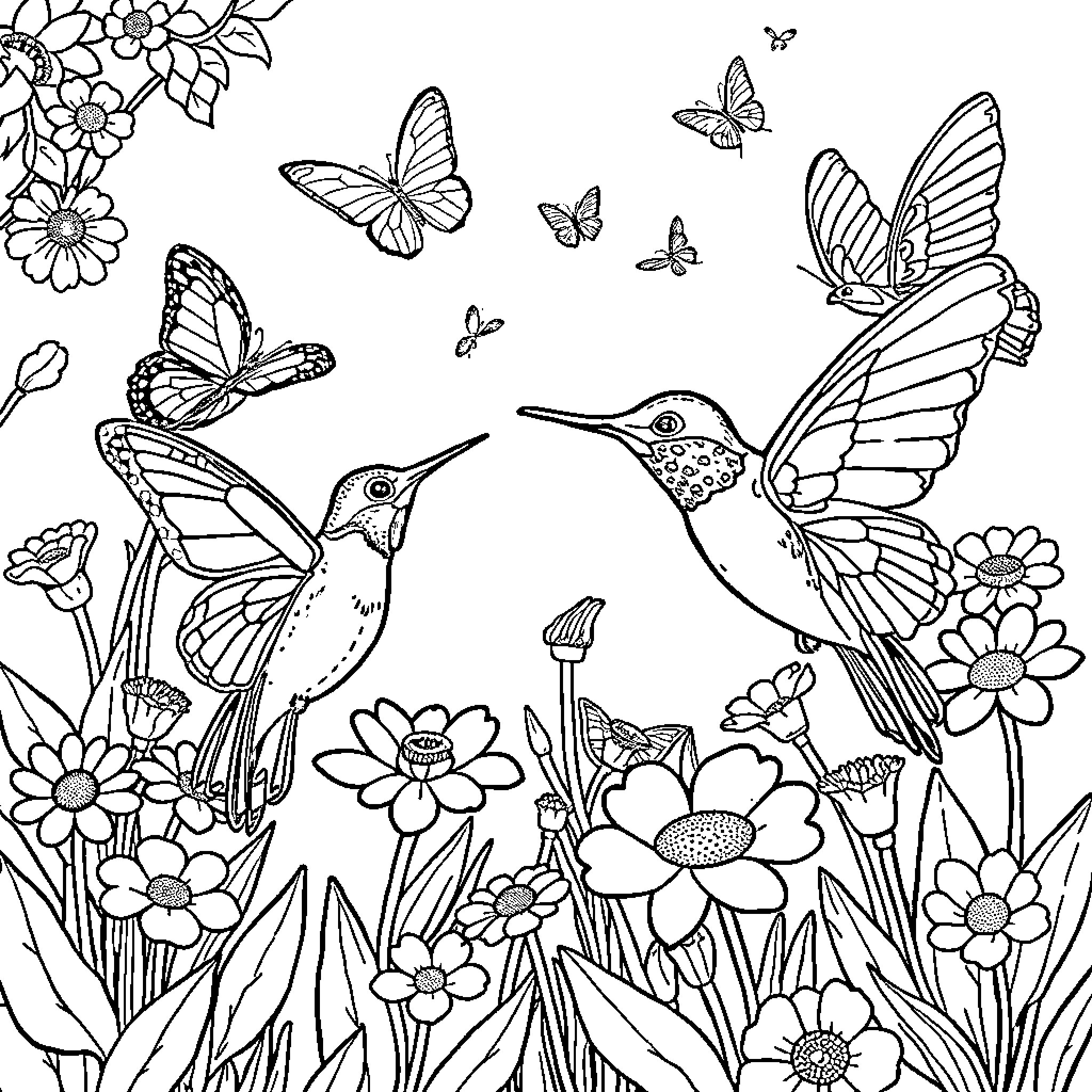 Butterfly Garden with Hummingbirds and Flowers Coloring Page (free black-and-white line drawing printable PDF for all, from beginners to advanced learners, including children, teens, adults, and seniors)