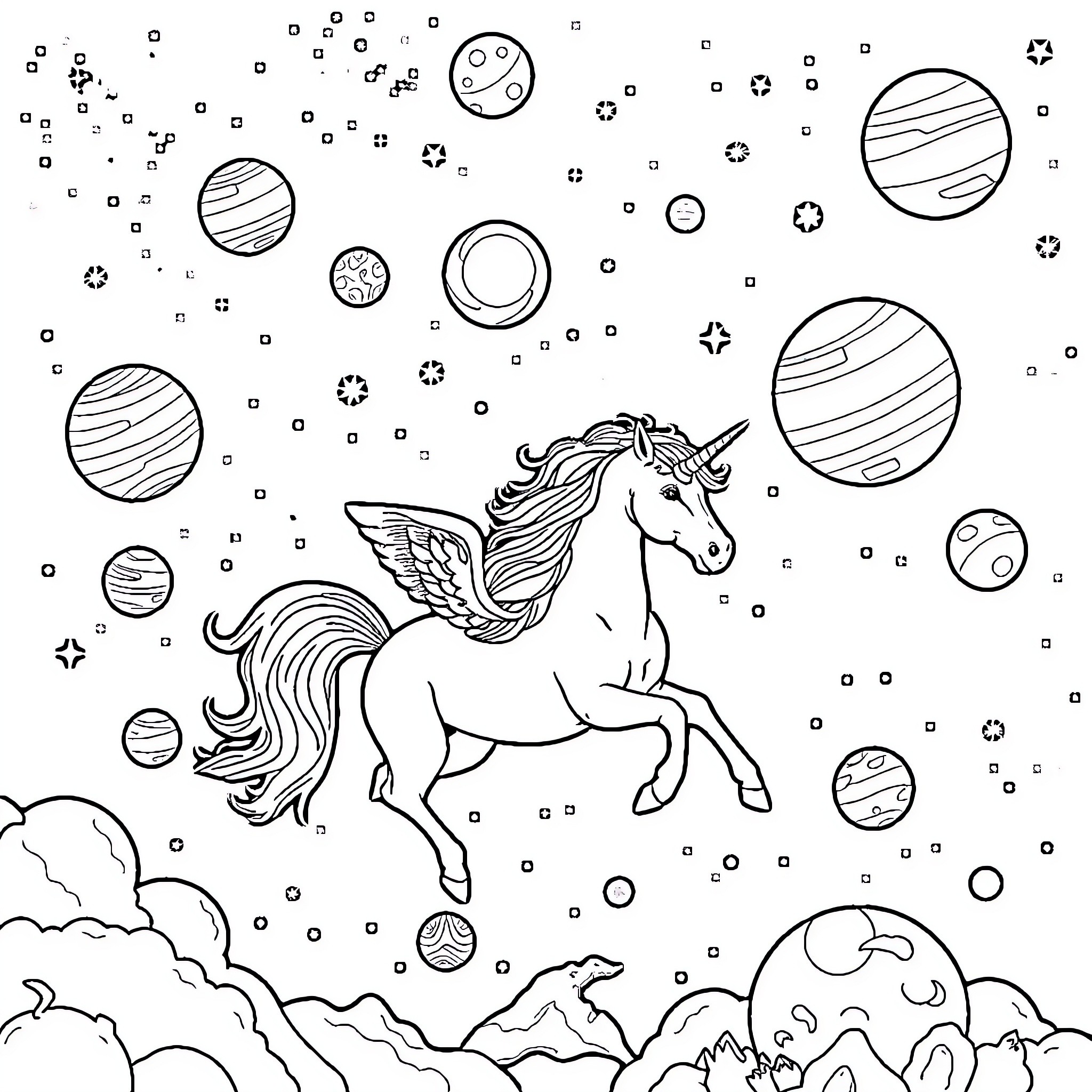 Unicorn galloping through the cosmic landscape Coloring Page (free black-and-white line drawing printable PDF for all, from beginners to advanced learners, including children, teens, adults, and seniors)