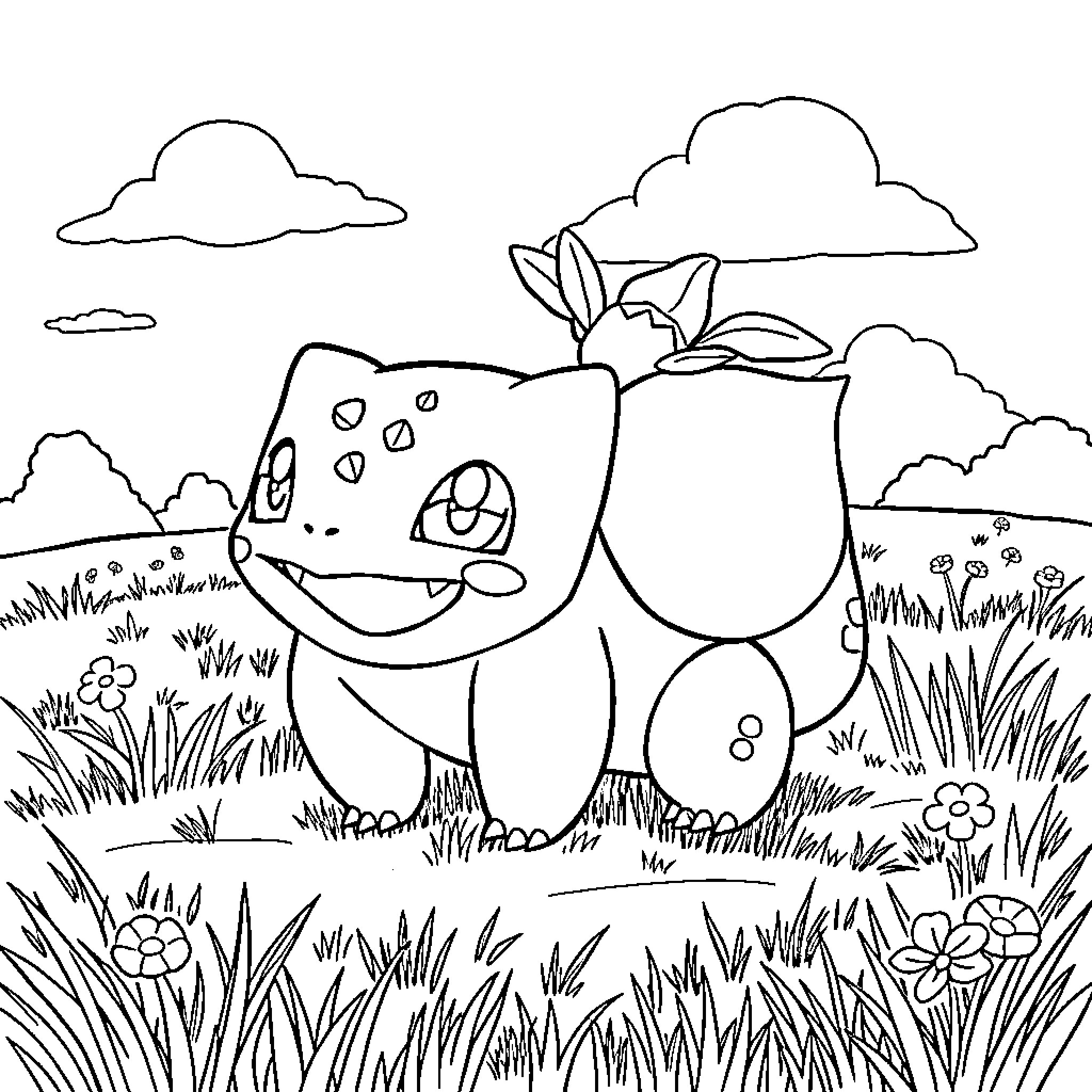 Bulbasaur exploring a grassy field Coloring Page (free black-and-white line drawing printable PDF for all, from beginners to advanced learners, including children, teens, adults, and seniors)