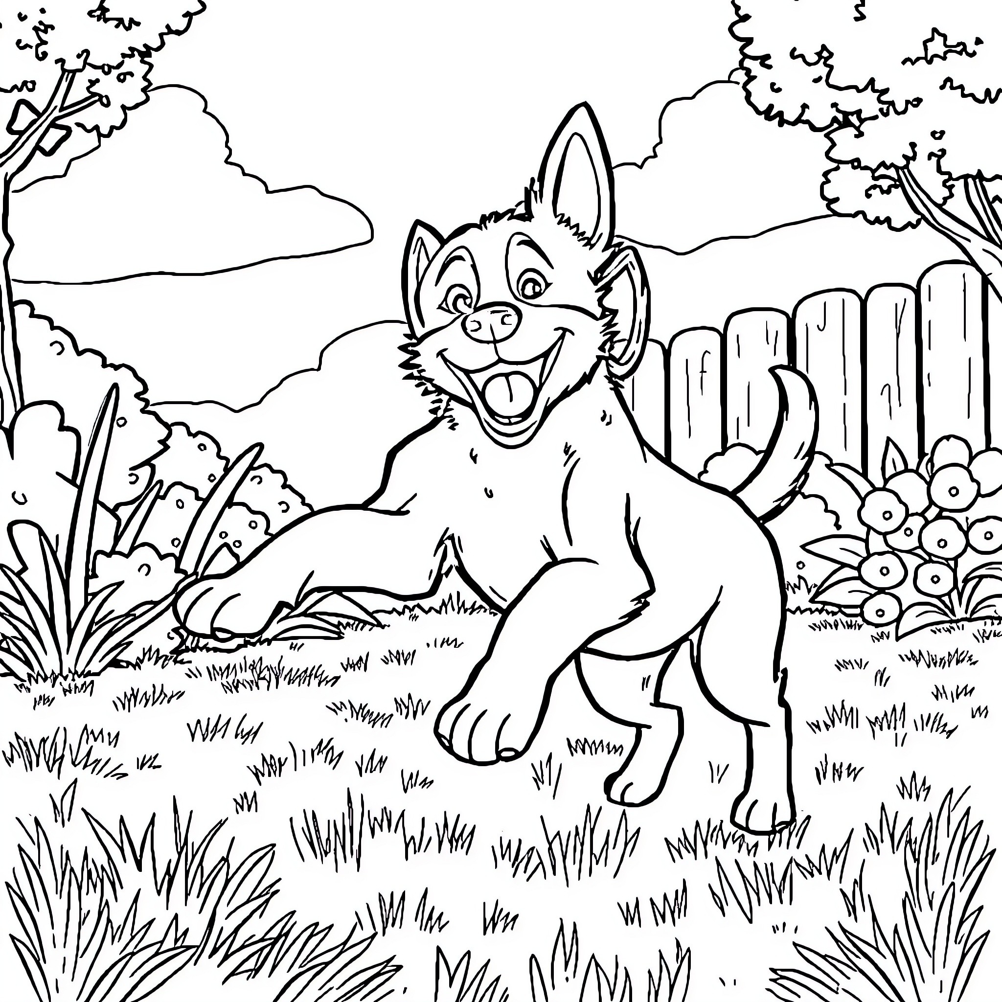 Bluey playing happily in the garden Coloring Page (free black-and-white line drawing printable PDF for all, from beginners to advanced learners, including children, teens, adults, and seniors)