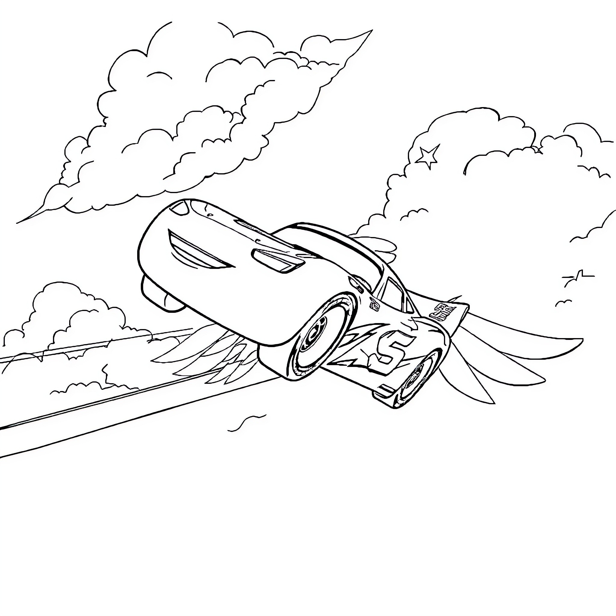 Lightning McQueen racing through the clouds Coloring Page (free black-and-white line drawing printable PDF for all, from beginners to advanced learners, including children, teens, adults, and seniors)