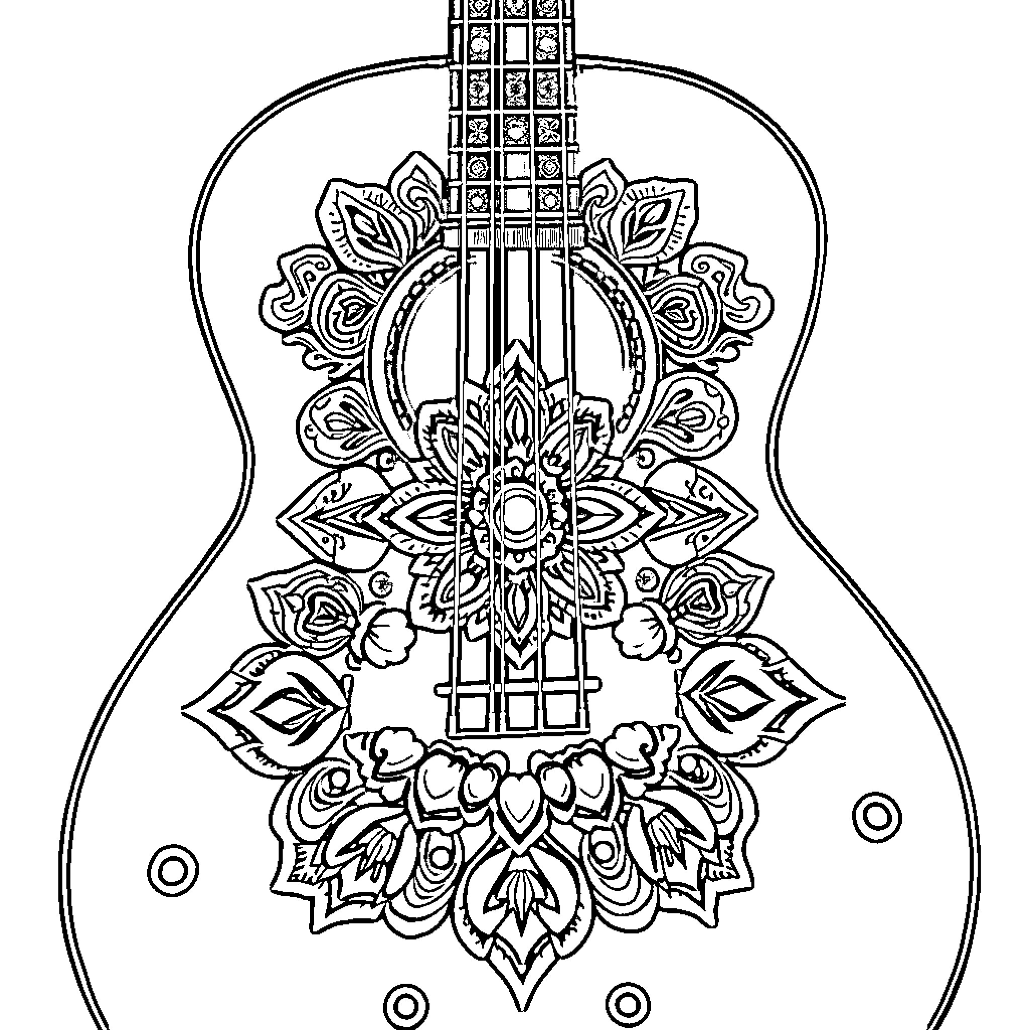Mandalas adorned acoustic guitar with intricate floral patterns Coloring Page (free black-and-white line drawing printable PDF for all, from beginners to advanced learners, including children, teens, adults, and seniors)