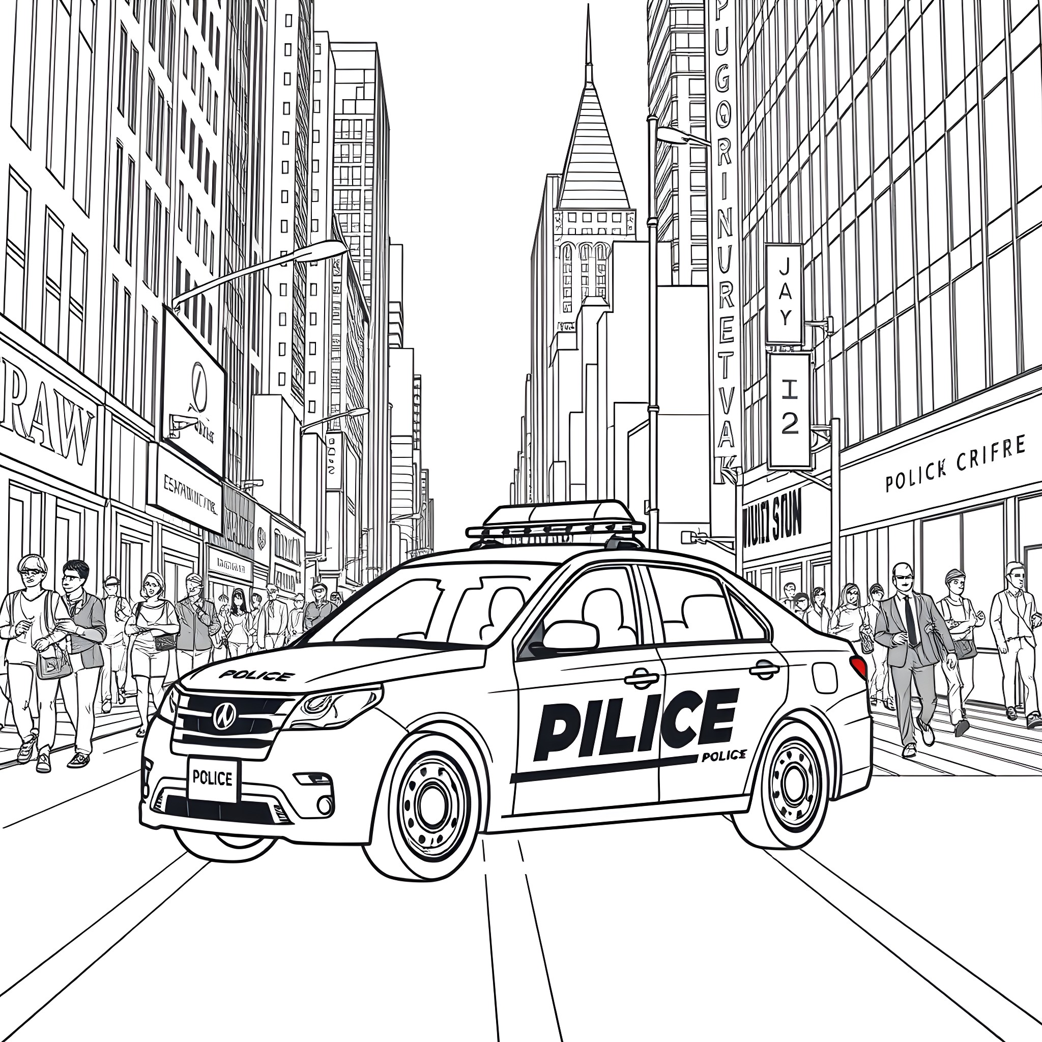 Police Car Responding to a Call in the City Coloring Page (free black-and-white line drawing printable PDF for all, from beginners to advanced learners, including children, teens, adults, and seniors)