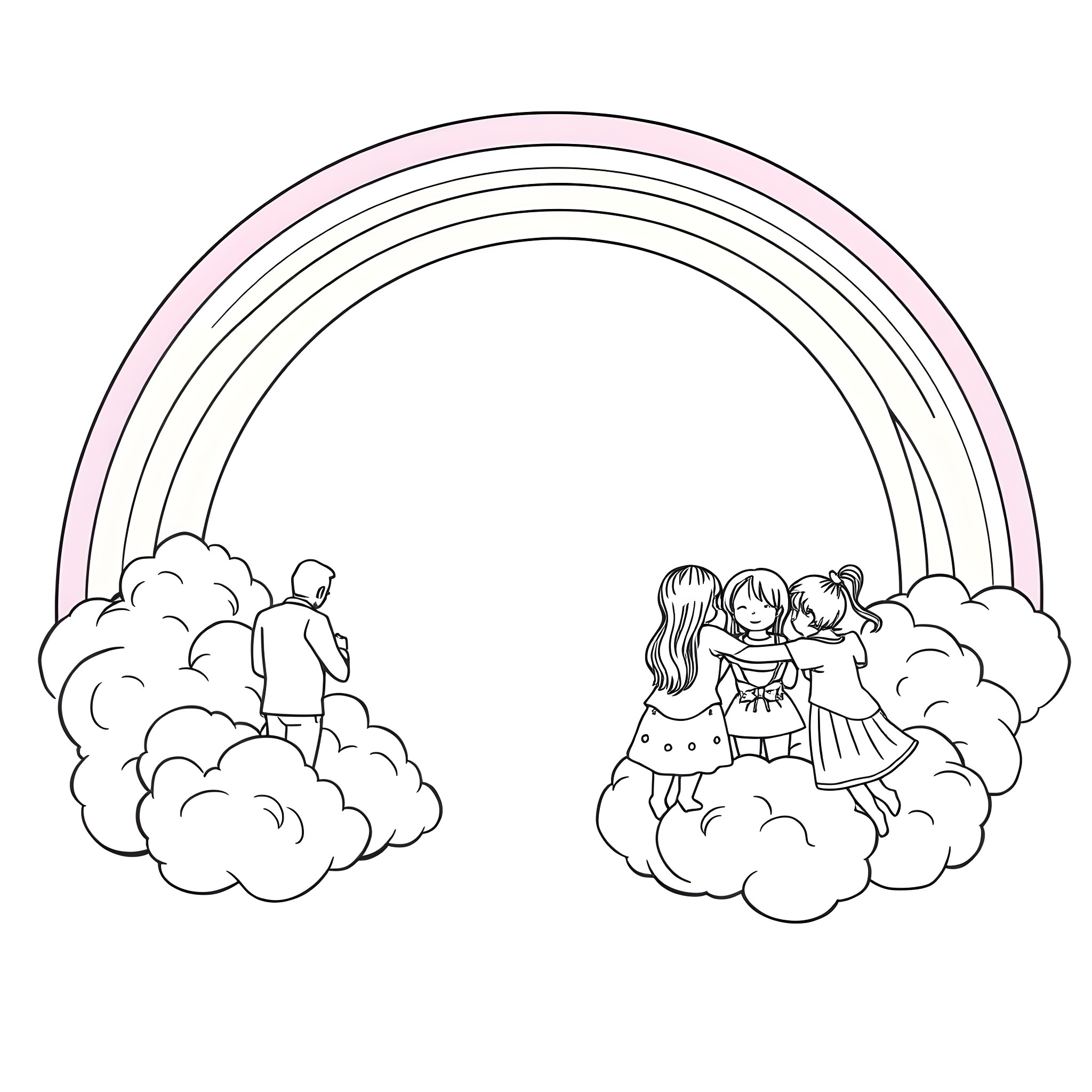 Rainbow Filled with Playful Friends in the Clouds Coloring Page (free black-and-white line drawing printable PDF for all, from beginners to advanced learners, including children, teens, adults, and seniors)
