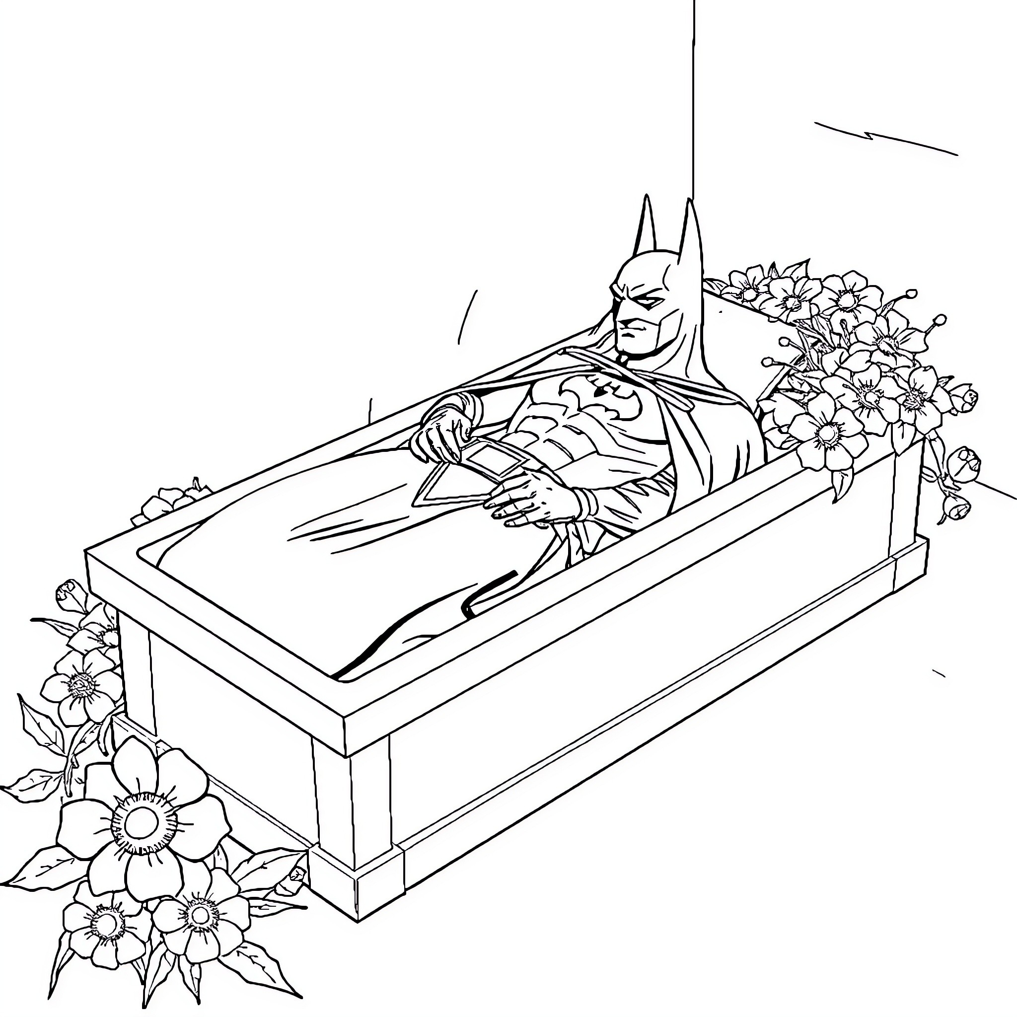 Batman resting in a floral casket Coloring Page (free black-and-white line drawing printable PDF for all, from beginners to advanced learners, including children, teens, adults, and seniors)