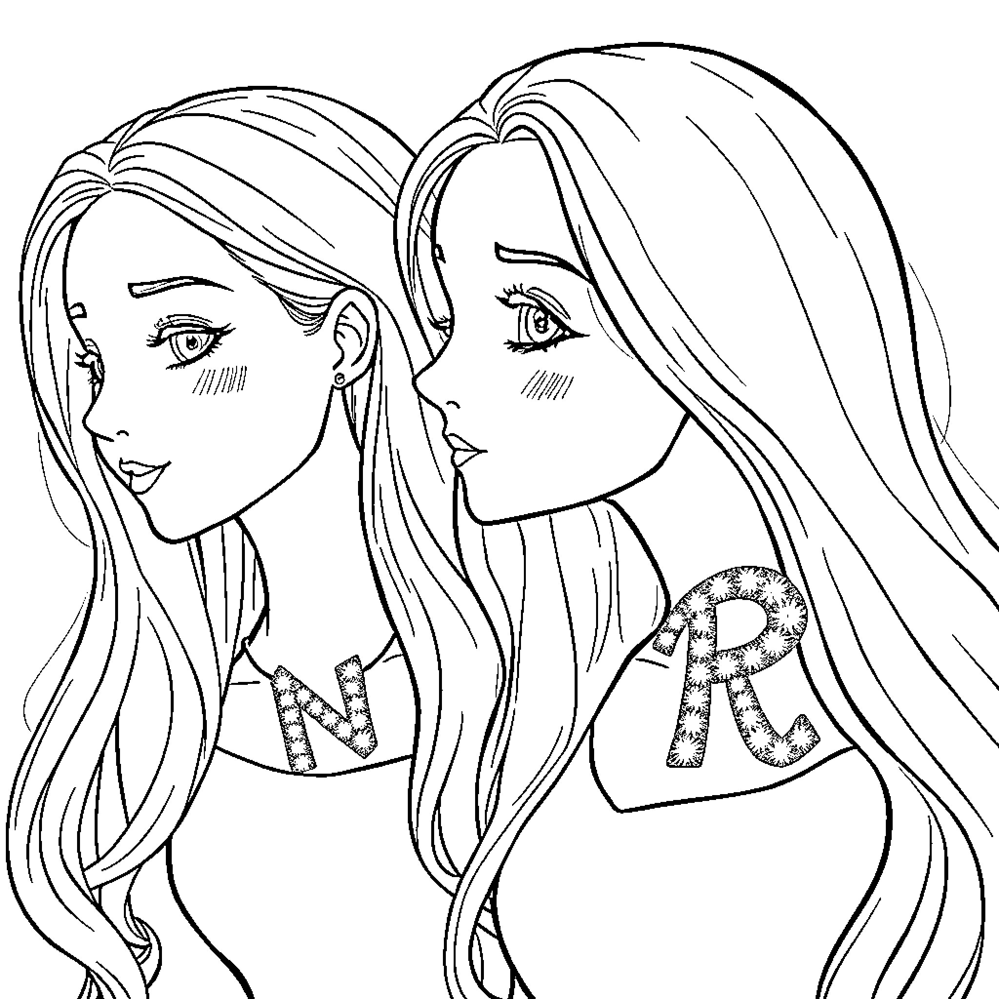 Girl Friends Displaying Necklace Letters Coloring Page (free black-and-white line drawing printable PDF for all, from beginners to advanced learners, including children, teens, adults, and seniors)