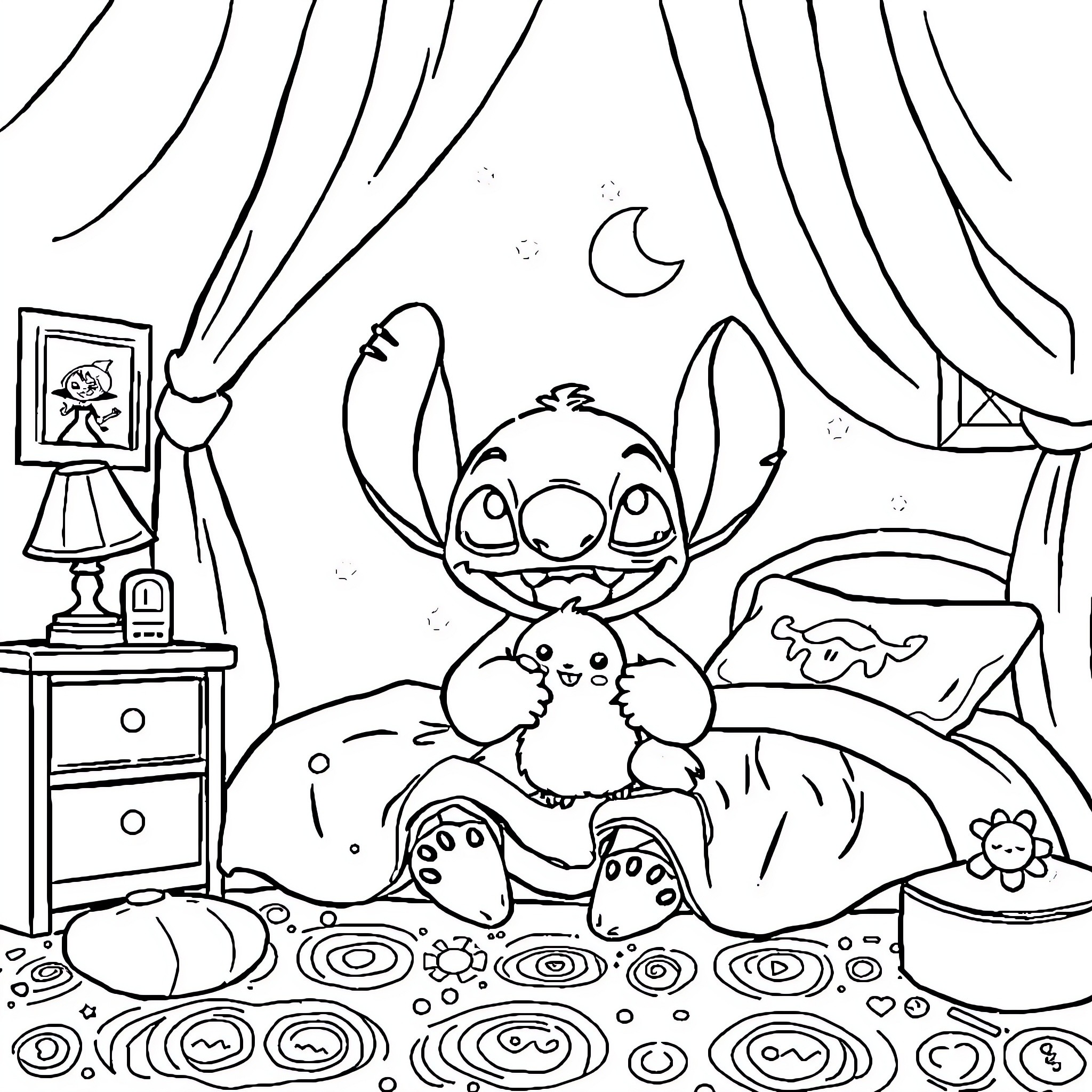 Stitch enjoying a cozy night in his room Coloring Page (free black-and-white line drawing printable PDF for all, from beginners to advanced learners, including children, teens, adults, and seniors)