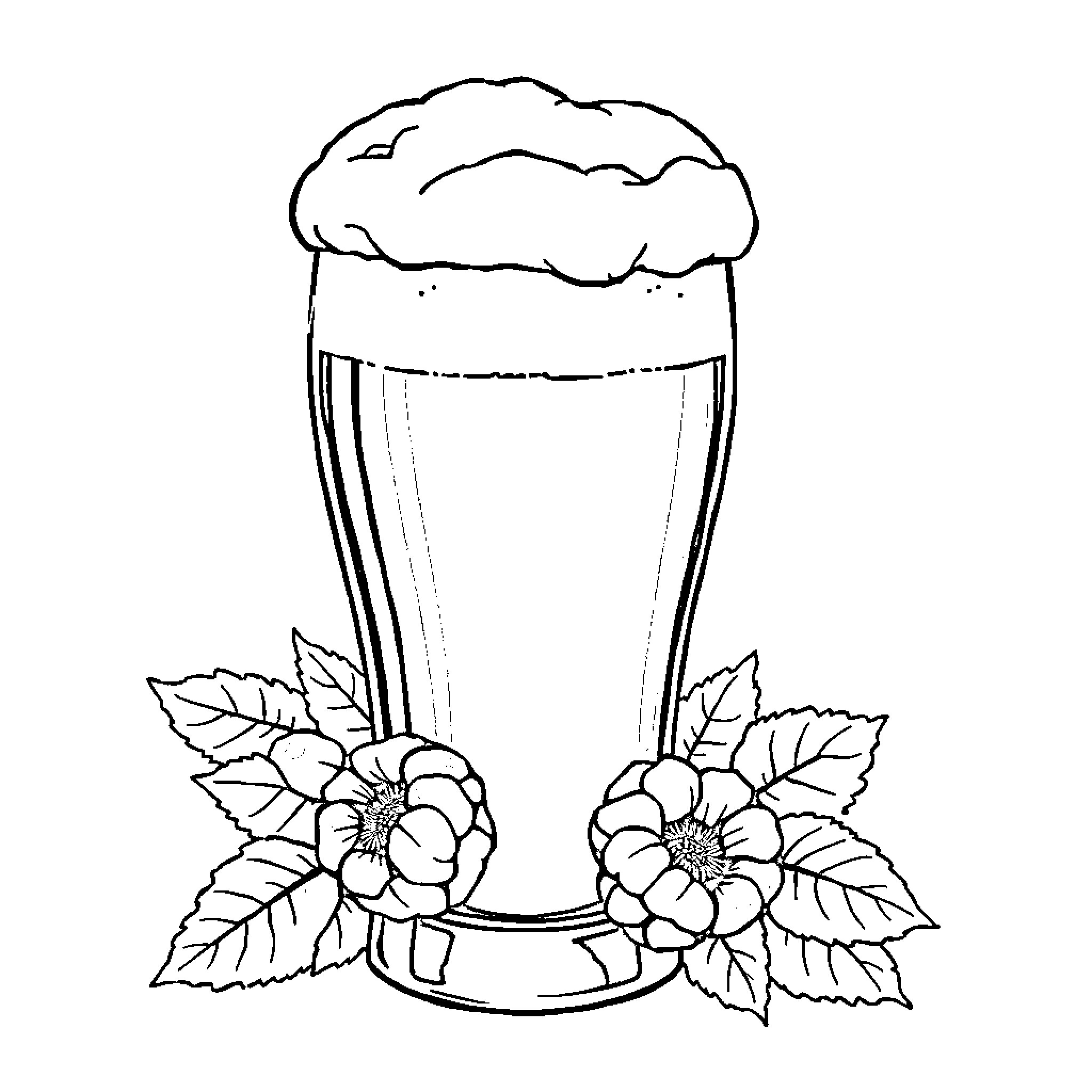 Raspberry-Topped Beer Mug with Floral Decor Coloring Page (free black-and-white line drawing printable PDF for all, from beginners to advanced learners, including children, teens, adults, and seniors)