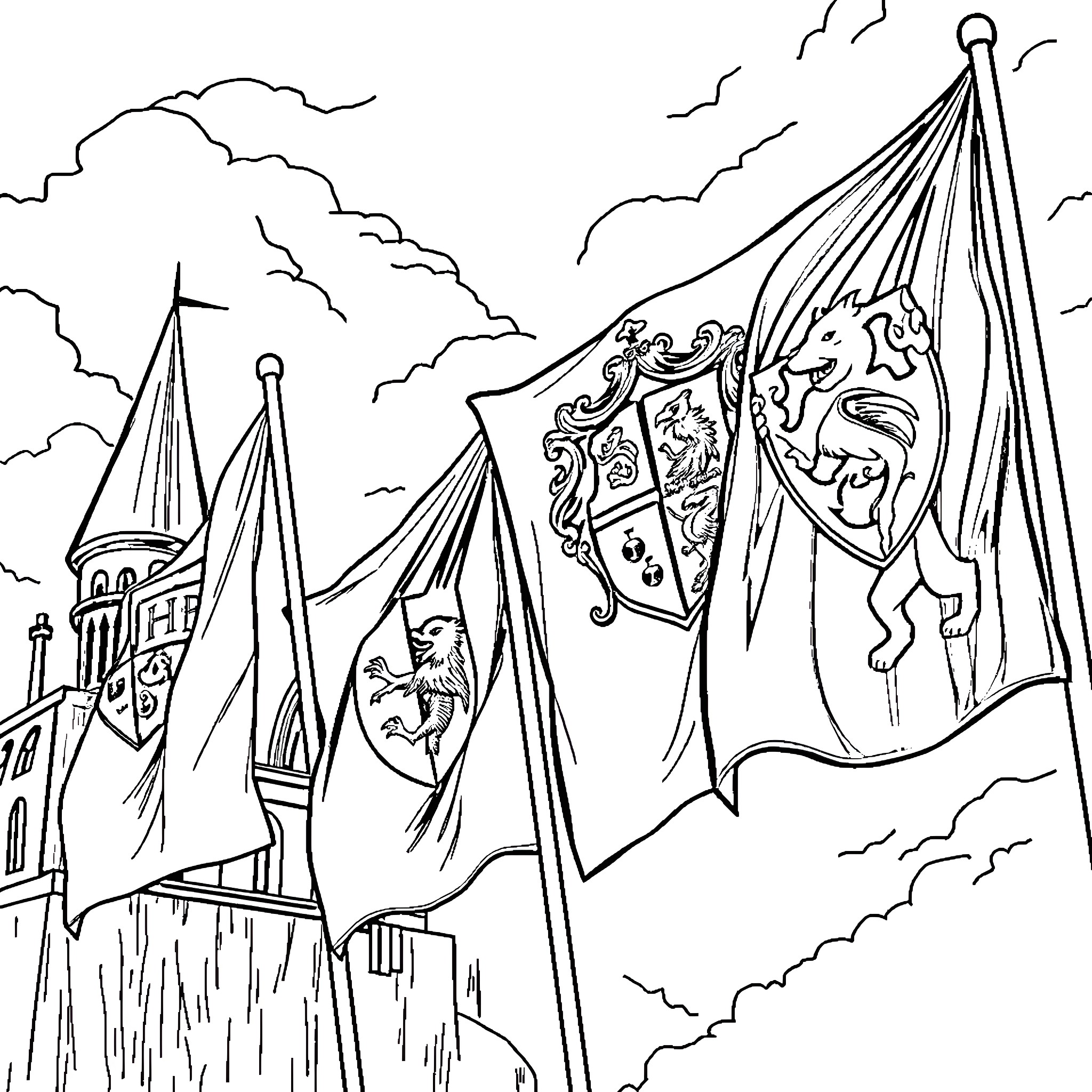 Hogwarts Houseflag: Heraldic Banners and Crests in the Clouds Coloring Page (free black-and-white line drawing printable PDF for all, from beginners to advanced learners, including children, teens, adults, and seniors)