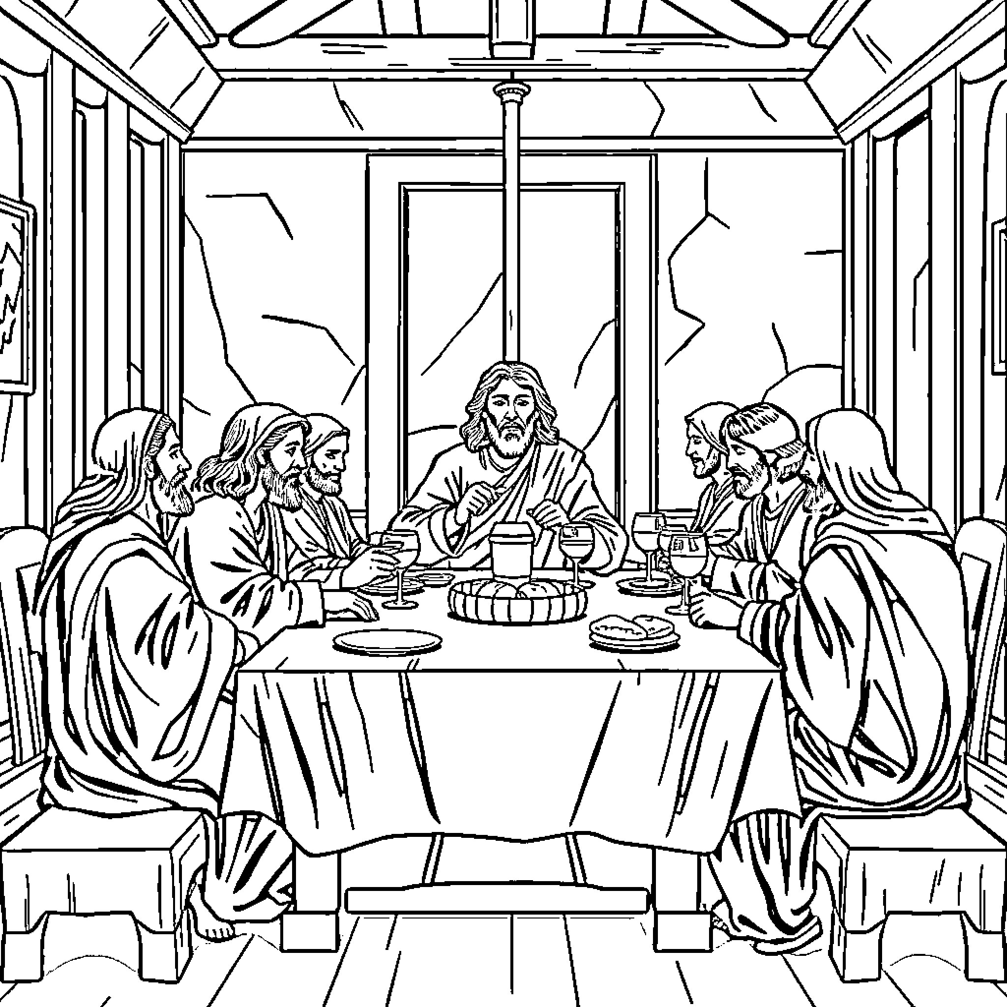 Jesus Sharing Meal with Disciples in a Dining Hall Coloring Page (free black-and-white line drawing printable PDF for all, from beginners to advanced learners, including children, teens, adults, and seniors)