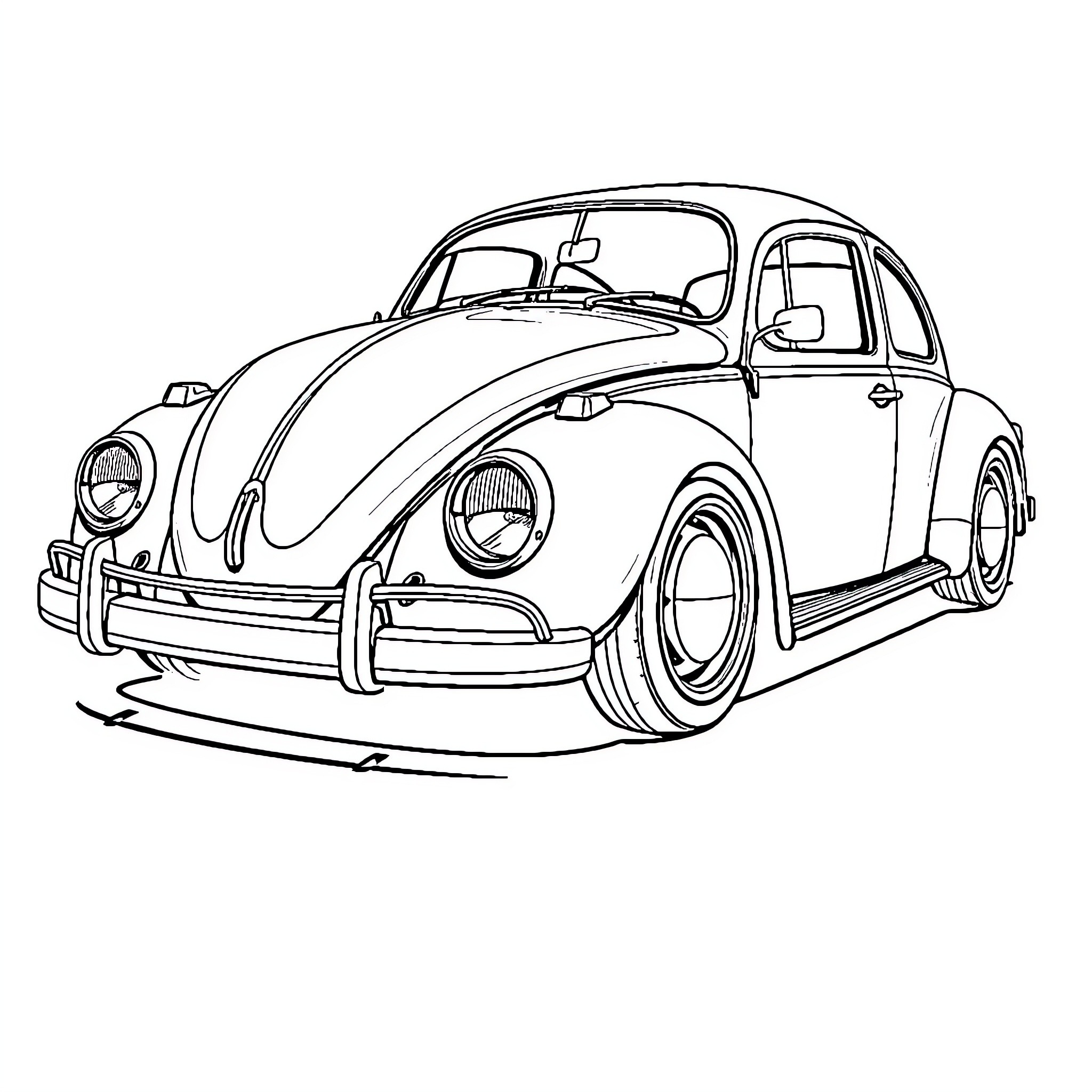 VW Coccinelle parked on the street Coloring Page (free black-and-white line drawing printable PDF for all, from beginners to advanced learners, including children, teens, adults, and seniors)