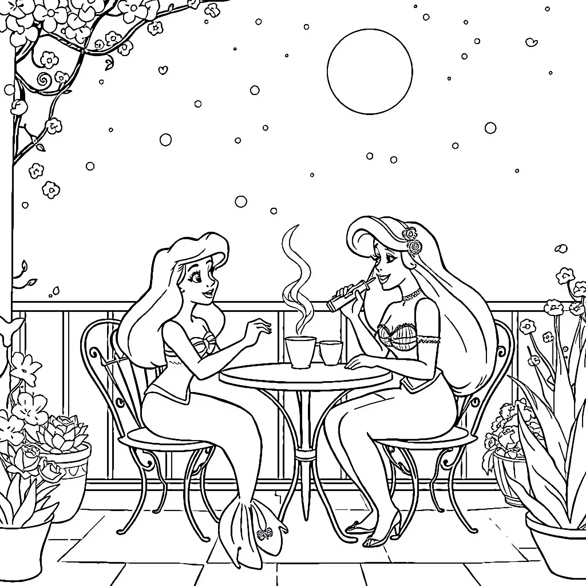 Ariel and Jasmine Enjoying a Night Out Coloring Page (free black-and-white line drawing printable PDF for all, from beginners to advanced learners, including children, teens, adults, and seniors)