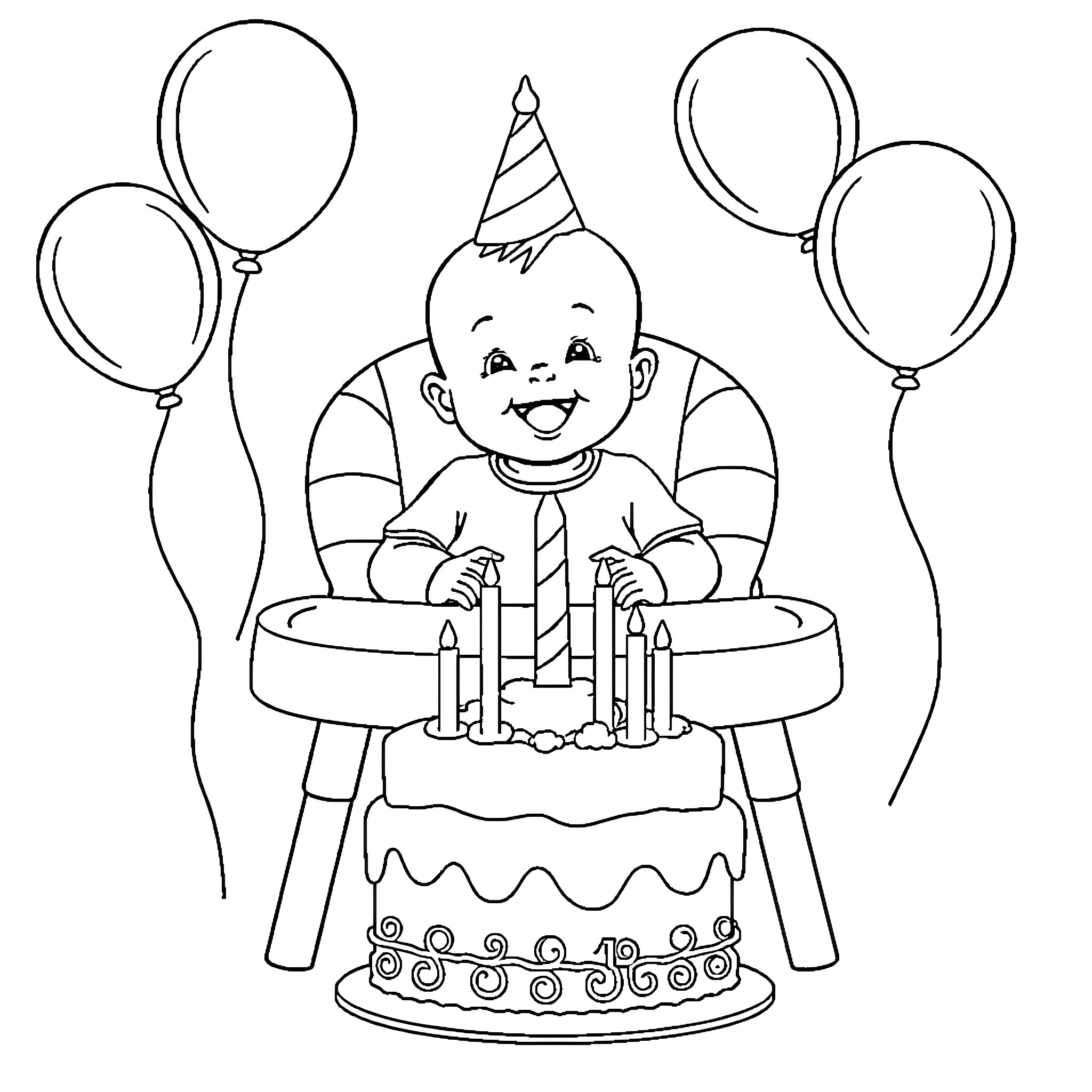 Baby celebrating birthday with cake and balloons Coloring Page (free black-and-white line drawing printable PDF for all, from beginners to advanced learners, including children, teens, adults, and seniors)