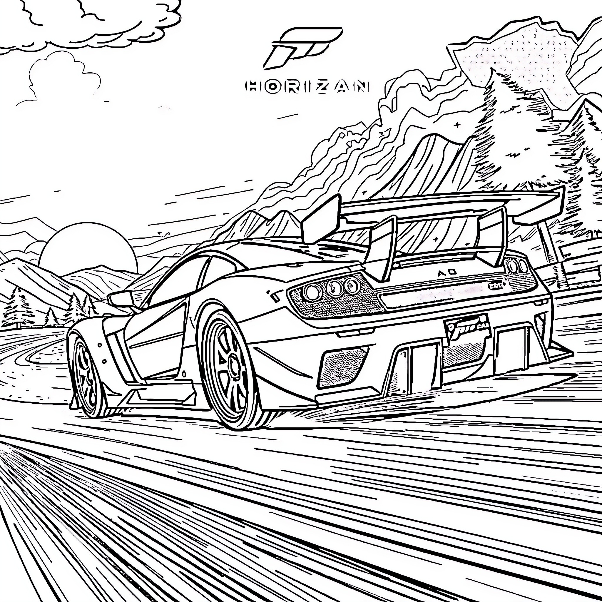 Car speeding through mountainous terrain Coloring Page (free black-and-white line drawing printable PDF for all, from beginners to advanced learners, including children, teens, adults, and seniors)