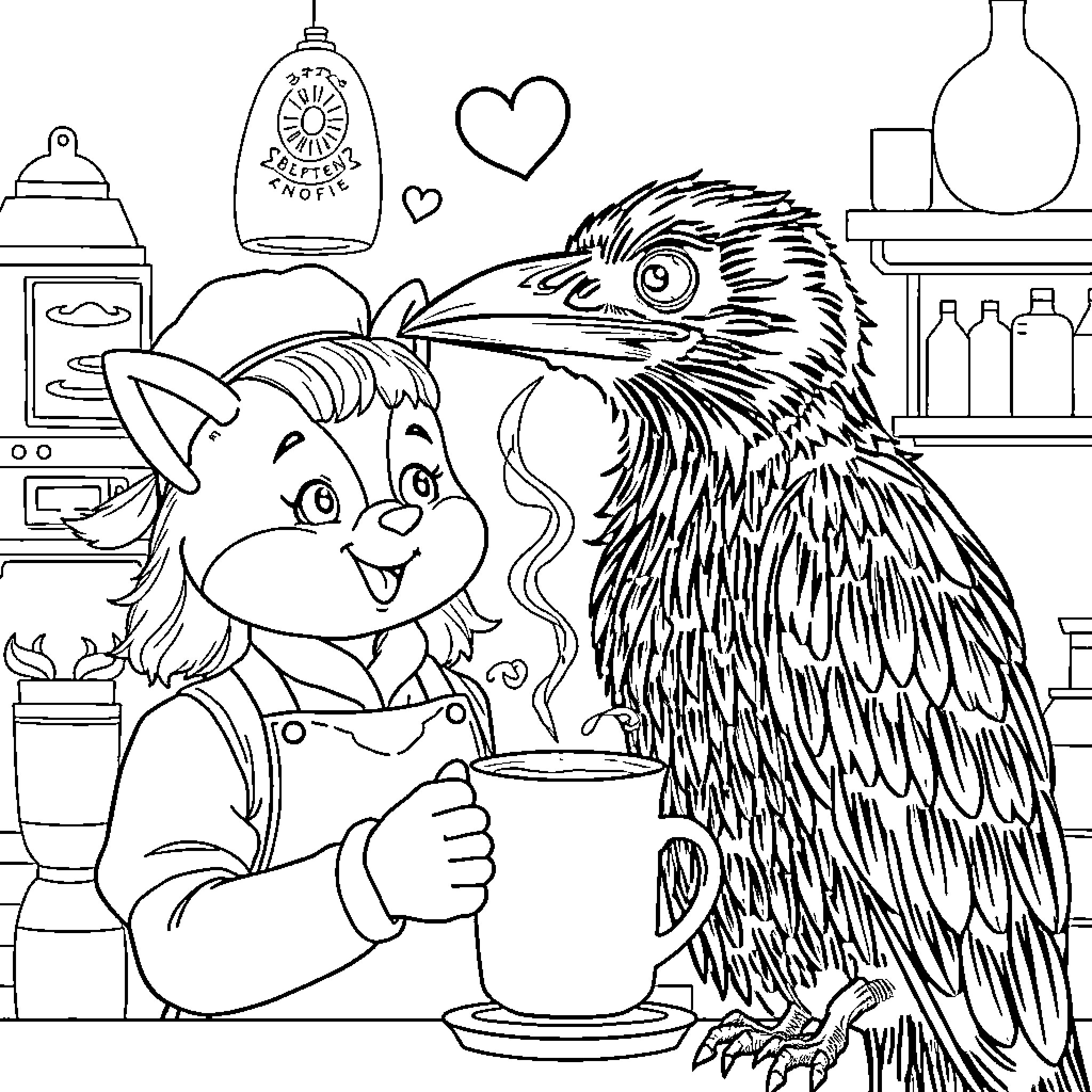Raven and Elf Enjoying a Cozy Moment Coloring Page (free black-and-white line drawing printable PDF for all, from beginners to advanced learners, including children, teens, adults, and seniors)