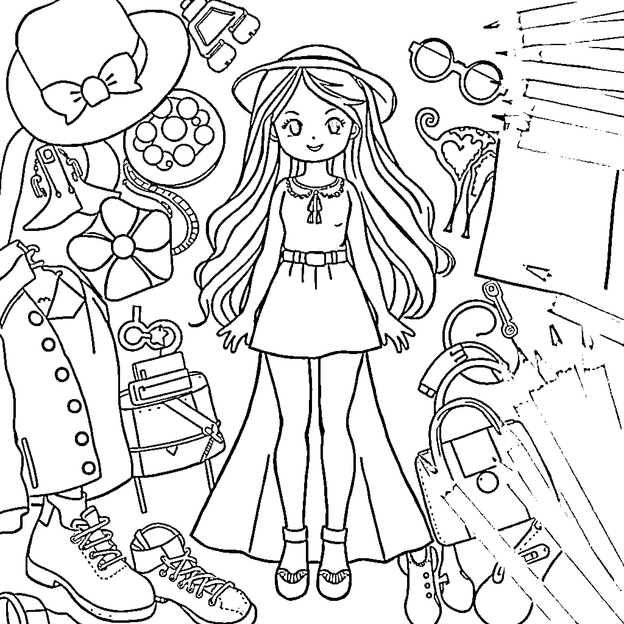 Paper Doll Prepares for Adventure with Accessories Coloring Page (free black-and-white line drawing printable PDF for all, from beginners to advanced learners, including children, teens, adults, and seniors)