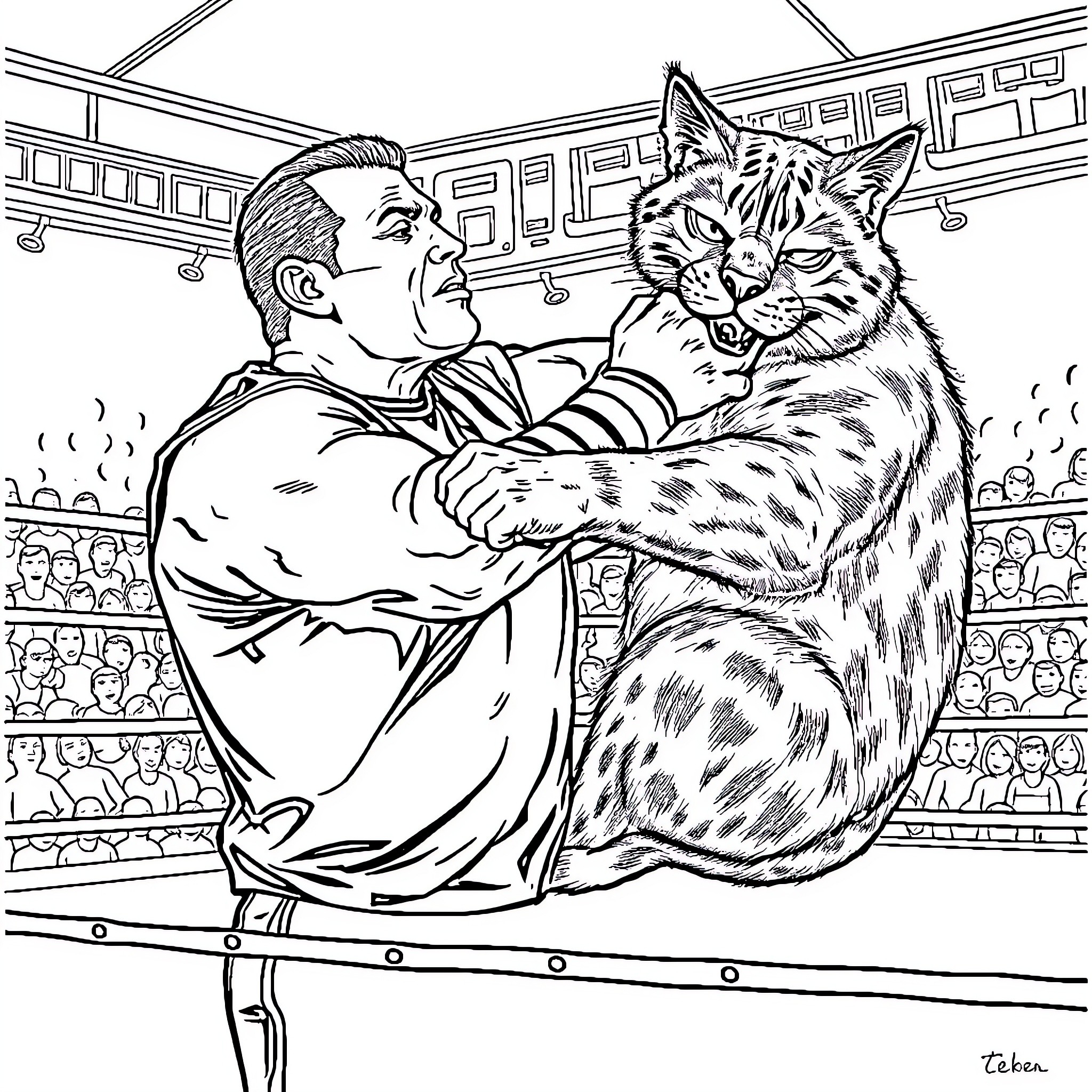 John Cena Befriends Ferocious Feline in the Arena Coloring Page (free black-and-white line drawing printable PDF for all, from beginners to advanced learners, including children, teens, adults, and seniors)