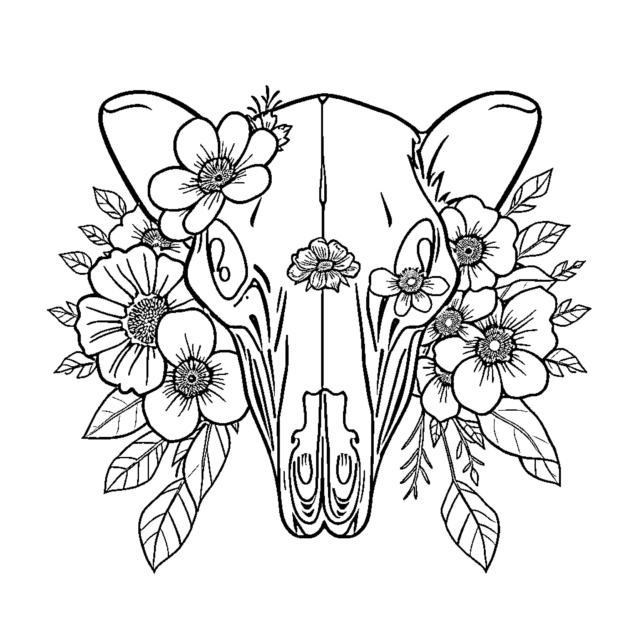Opossum skull surrounded by decorative flowers Coloring Page (free black-and-white line drawing printable PDF for all, from beginners to advanced learners, including children, teens, adults, and seniors)