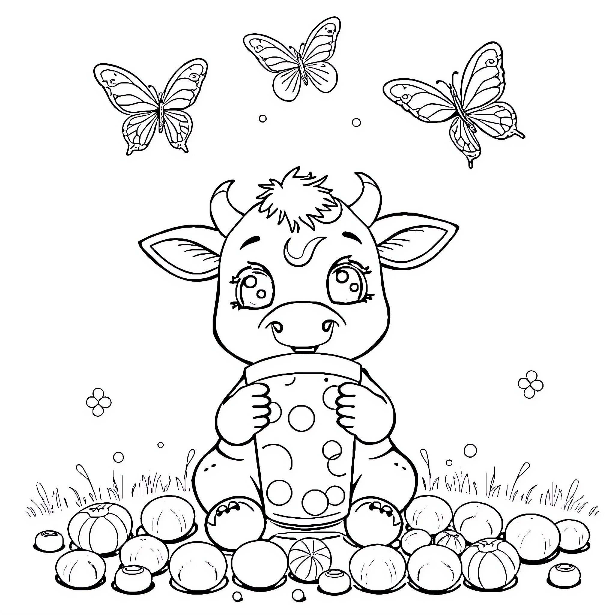 Cow surrounded by butterflies and flowers Coloring Page (free black-and-white line drawing printable PDF for all, from beginners to advanced learners, including children, teens, adults, and seniors)