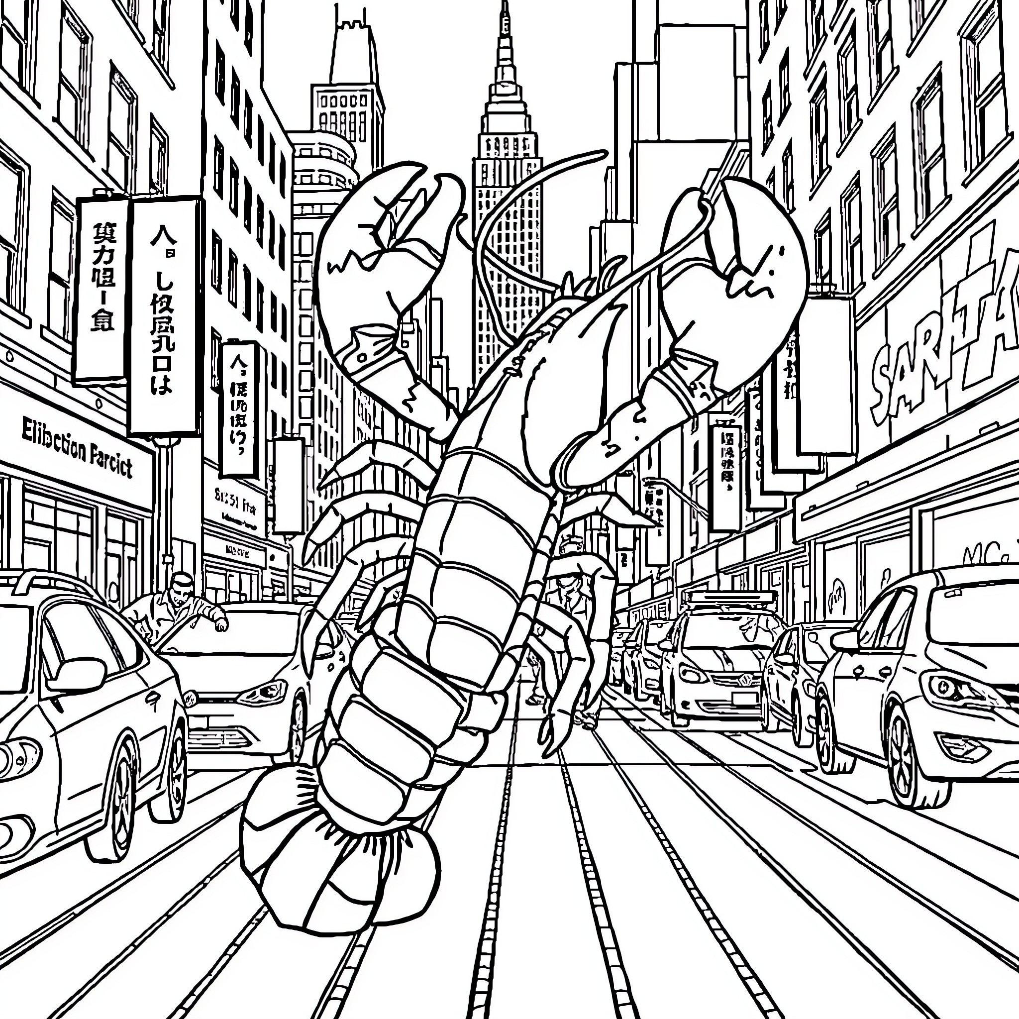 Lobster exploring the vibrant city streets Coloring Page (free black-and-white line drawing printable PDF for all, from beginners to advanced learners, including children, teens, adults, and seniors)