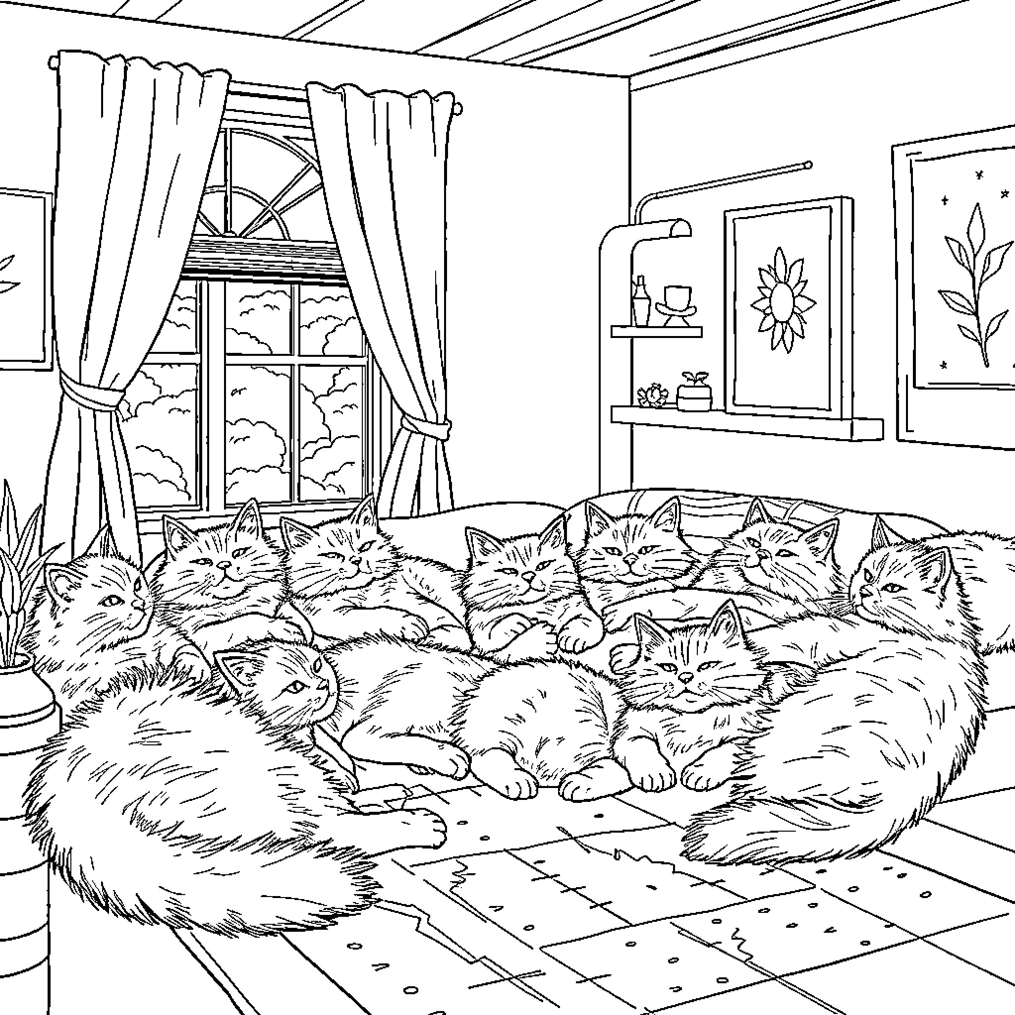 Cat napping together in cozy indoor scene Coloring Page (free black-and-white line drawing printable PDF for all, from beginners to advanced learners, including children, teens, adults, and seniors)