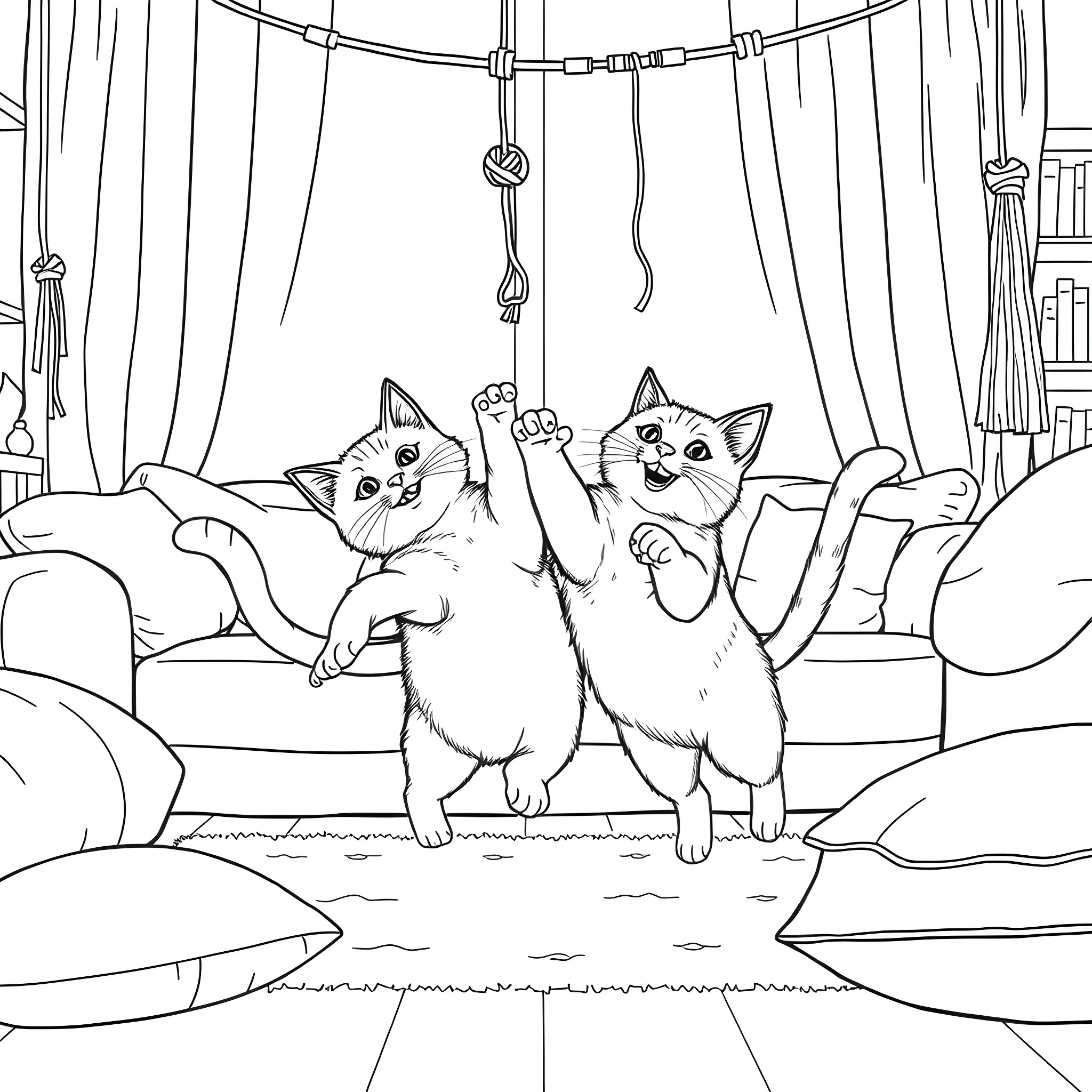 Cats playing playfully on a cat tree Coloring Page (free black-and-white line drawing printable PDF for all, from beginners to advanced learners, including children, teens, adults, and seniors)