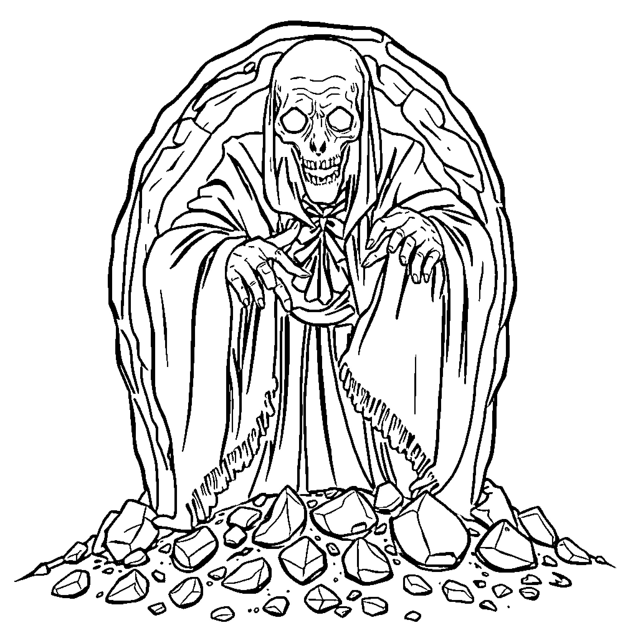 Vampire Reaper Emerging from Stones Coloring Page (free black-and-white line drawing printable PDF for all, from beginners to advanced learners, including children, teens, adults, and seniors)