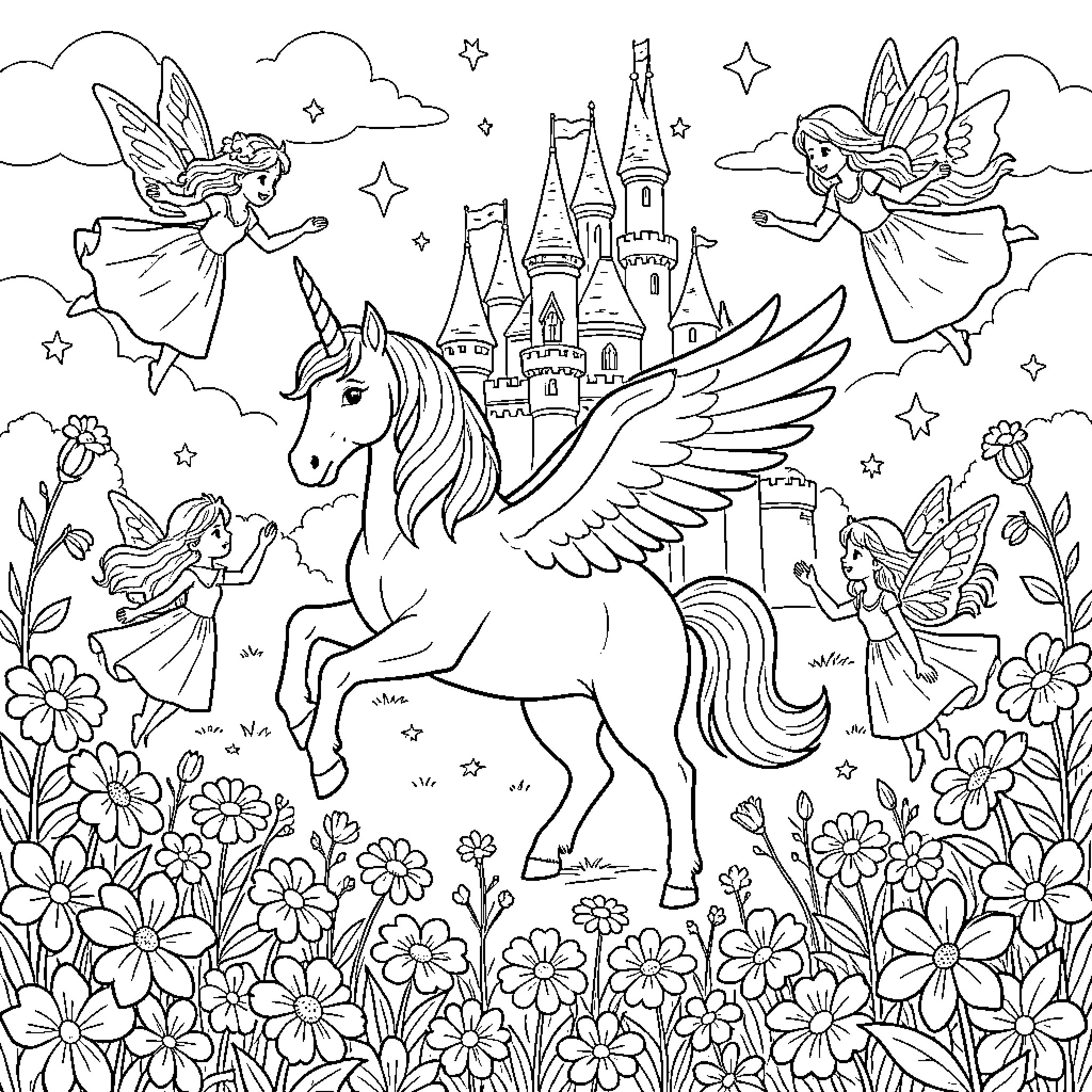 Unicorn dancing with fairies among flowers and a castle Coloring Page (free black-and-white line drawing printable PDF for all, from beginners to advanced learners, including children, teens, adults, and seniors)