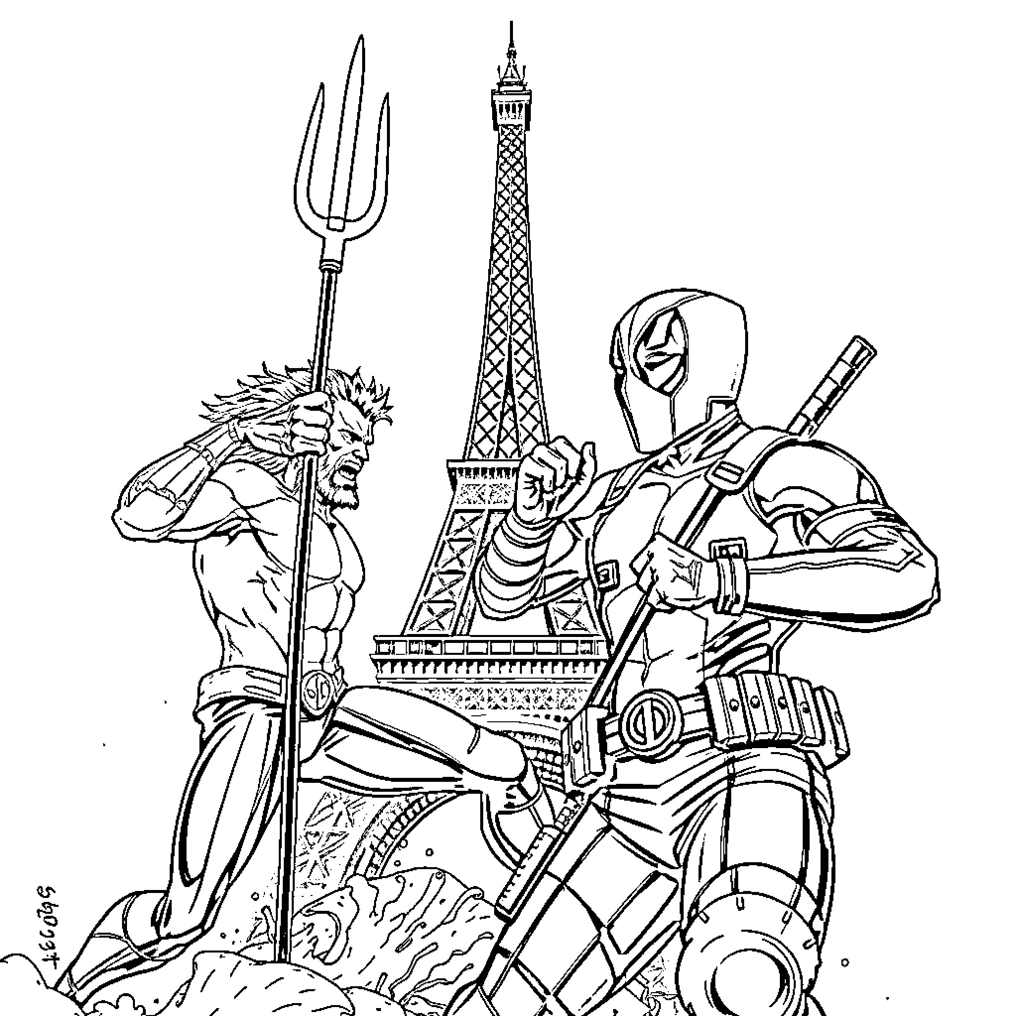 Aquaman and Deadpool's Parisian Adventure Coloring Page (free black-and-white line drawing printable PDF for all, from beginners to advanced learners, including children, teens, adults, and seniors)