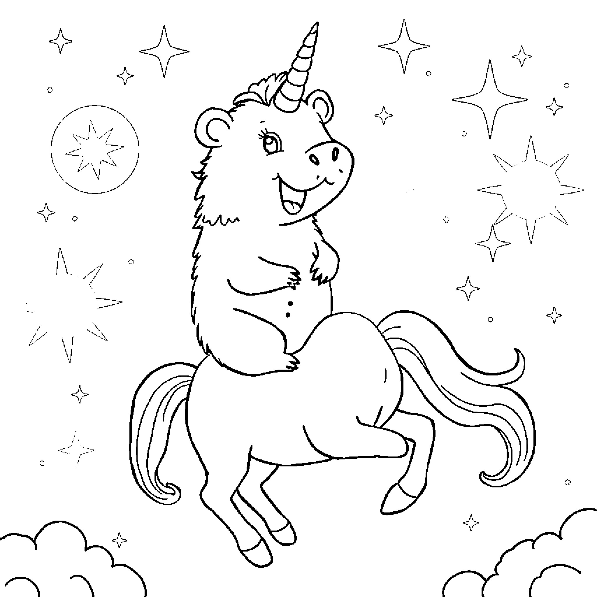 Wombat unicorn frolicking among the stars Coloring Page (free black-and-white line drawing printable PDF for all, from beginners to advanced learners, including children, teens, adults, and seniors)