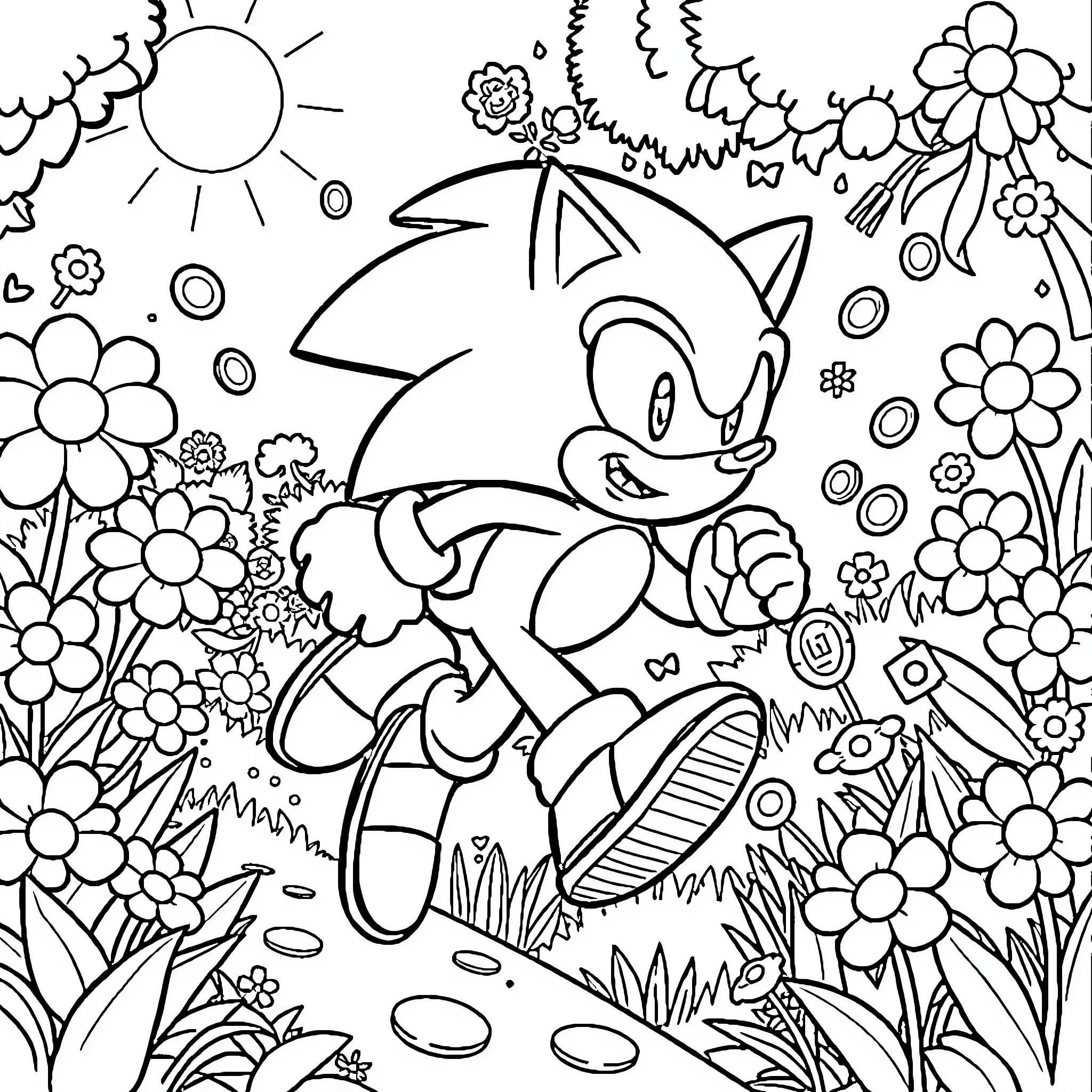 Sonic running happily through a floral wonderland Coloring Page (free black-and-white line drawing printable PDF for all, from beginners to advanced learners, including children, teens, adults, and seniors)