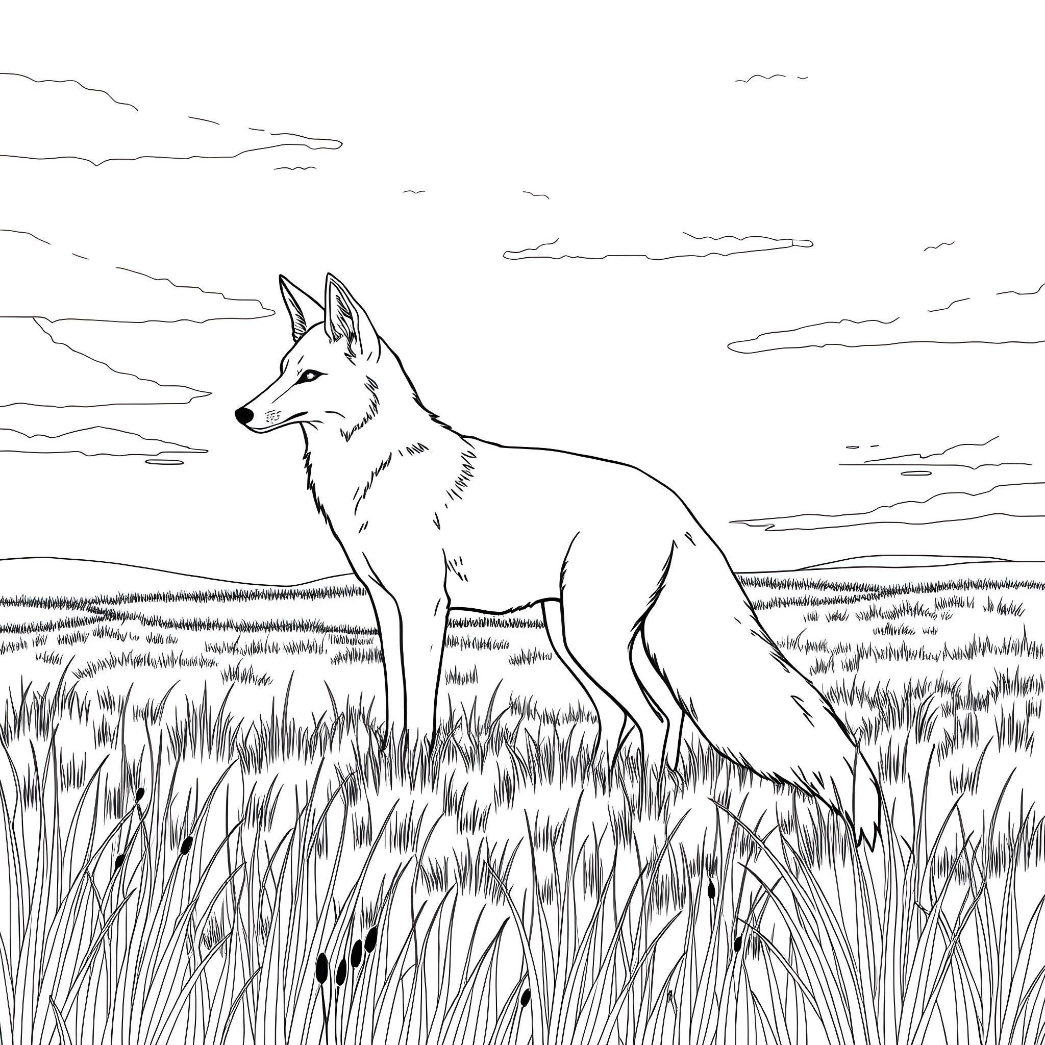 Fox standing alert in grassy field Coloring Page (free black-and-white line drawing printable PDF for all, from beginners to advanced learners, including children, teens, adults, and seniors)