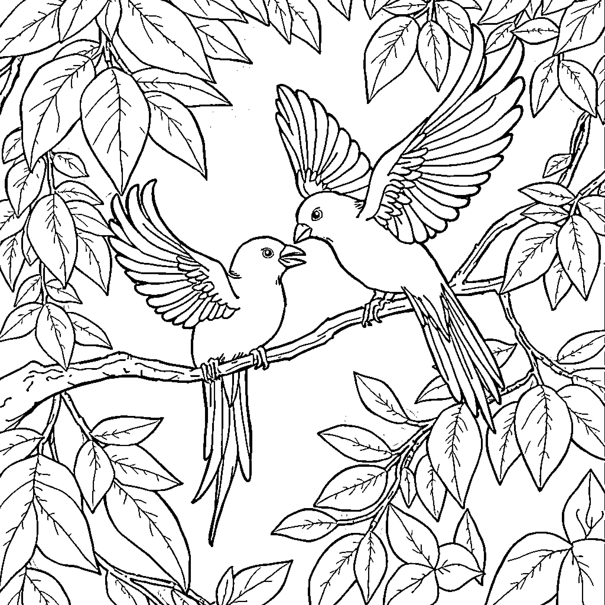 Birds playing in the lush foliage Coloring Page (free black-and-white line drawing printable PDF for all, from beginners to advanced learners, including children, teens, adults, and seniors)