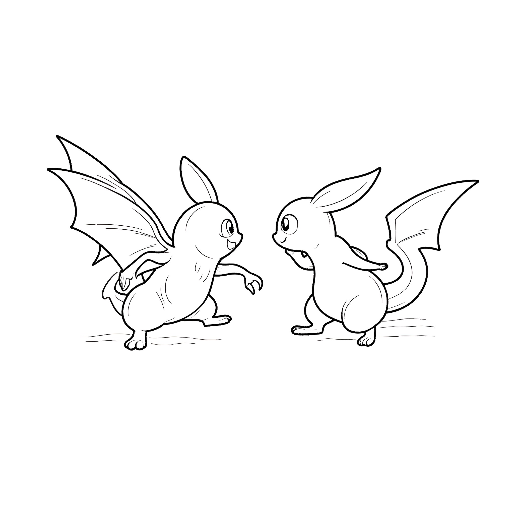 Pokémon Creatures Engage in Playful Interaction Coloring Page (free black-and-white line drawing printable PDF for all, from beginners to advanced learners, including children, teens, adults, and seniors)