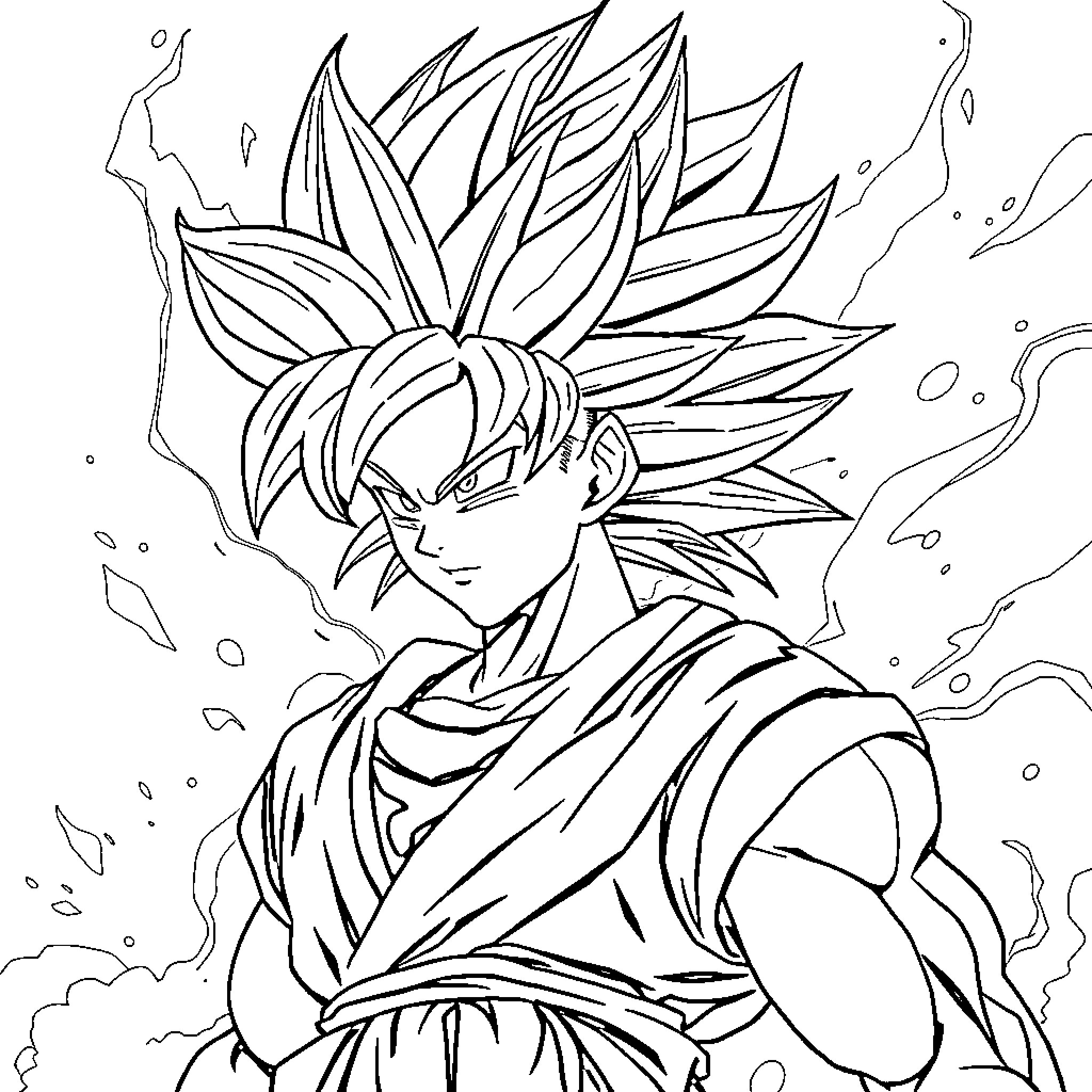 Son Goku's Fierce Transformation Coloring Page (free black-and-white line drawing printable PDF for all, from beginners to advanced learners, including children, teens, adults, and seniors)