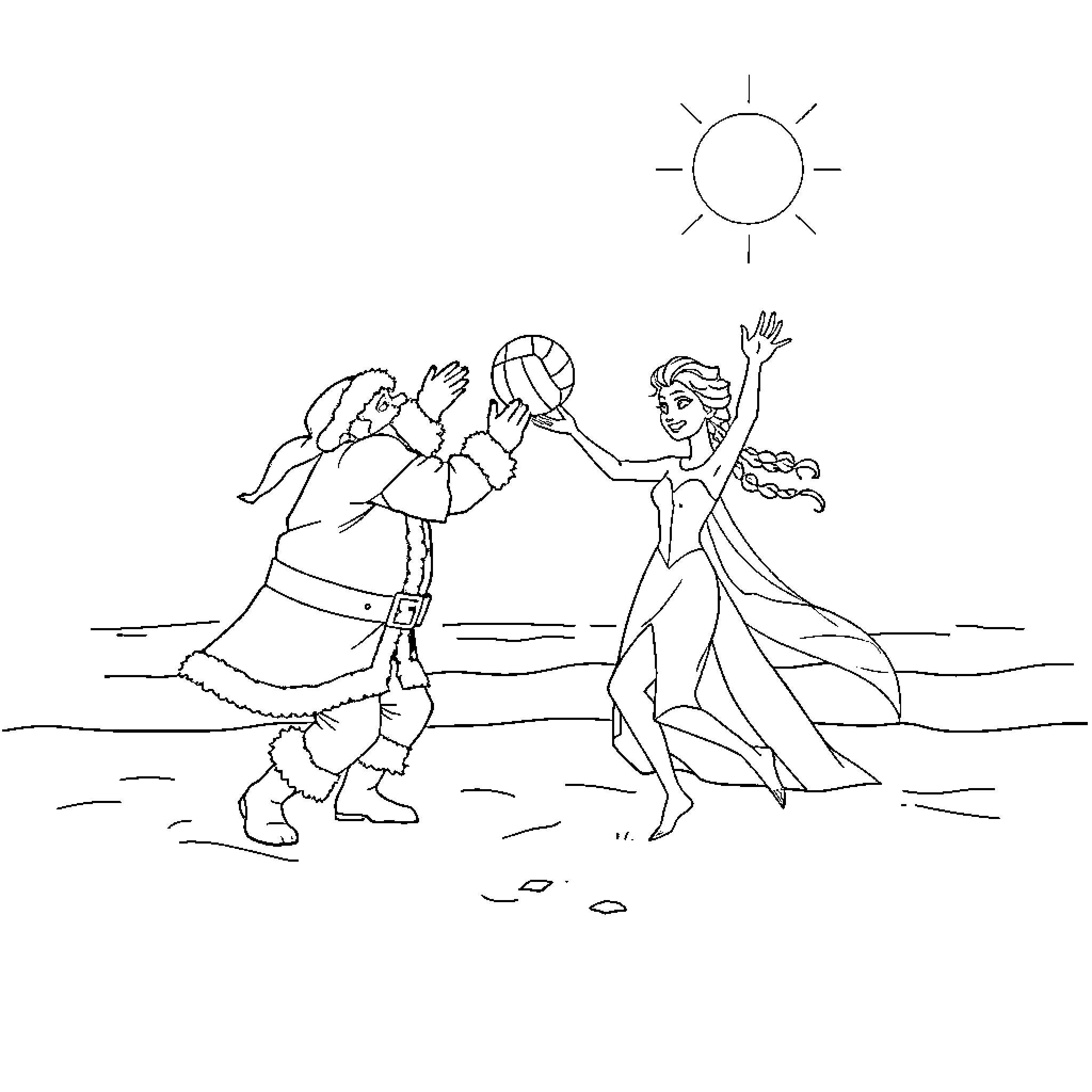 Elsa playing volleyball with a friend on the beach Coloring Page (free black-and-white line drawing printable PDF for all, from beginners to advanced learners, including children, teens, adults, and seniors)