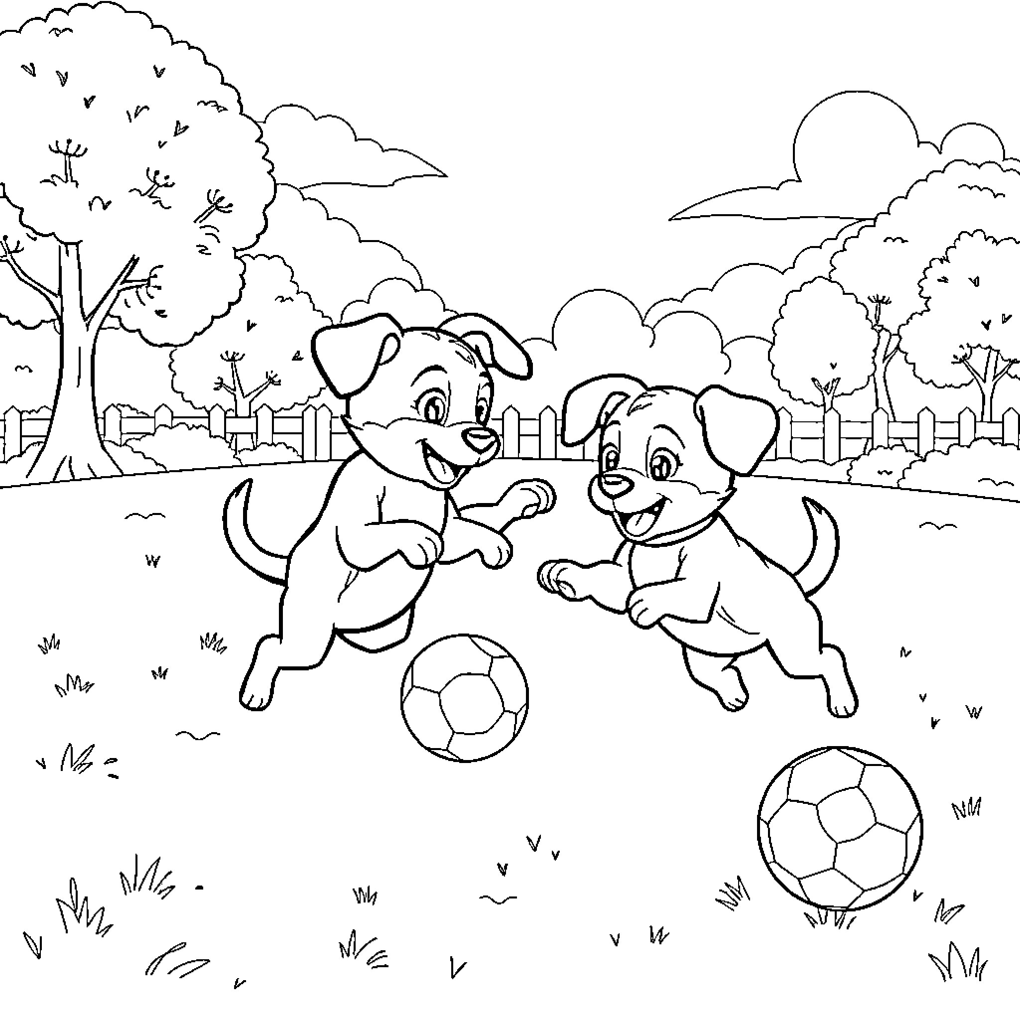 Bingo: Dogs Playing with Soccer Balls in Park Coloring Page (free black-and-white line drawing printable PDF for all, from beginners to advanced learners, including children, teens, adults, and seniors)