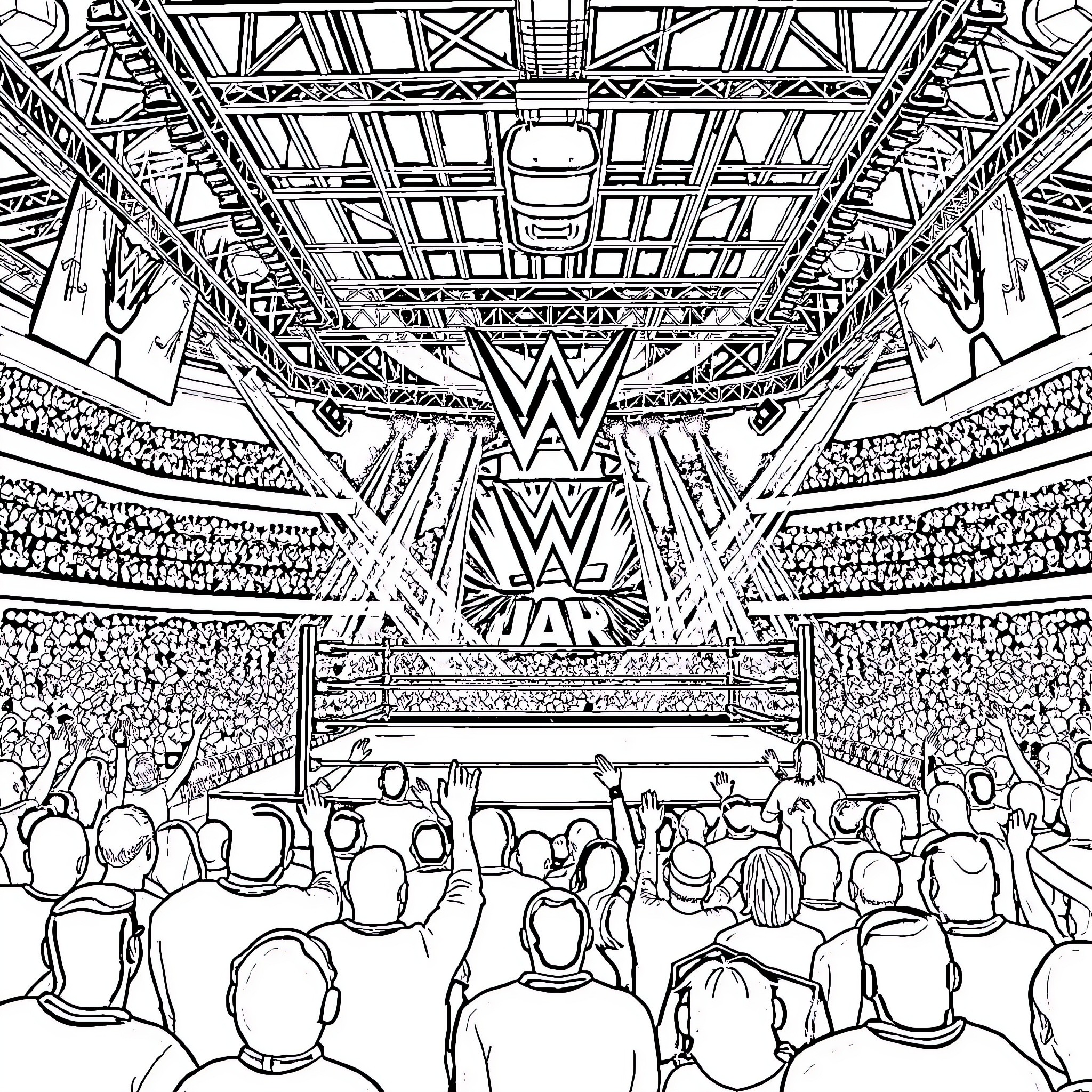 WWE Dramatic Stage Entrance and Crowd Excitement Coloring Page (free black-and-white line drawing printable PDF for all, from beginners to advanced learners, including children, teens, adults, and seniors)