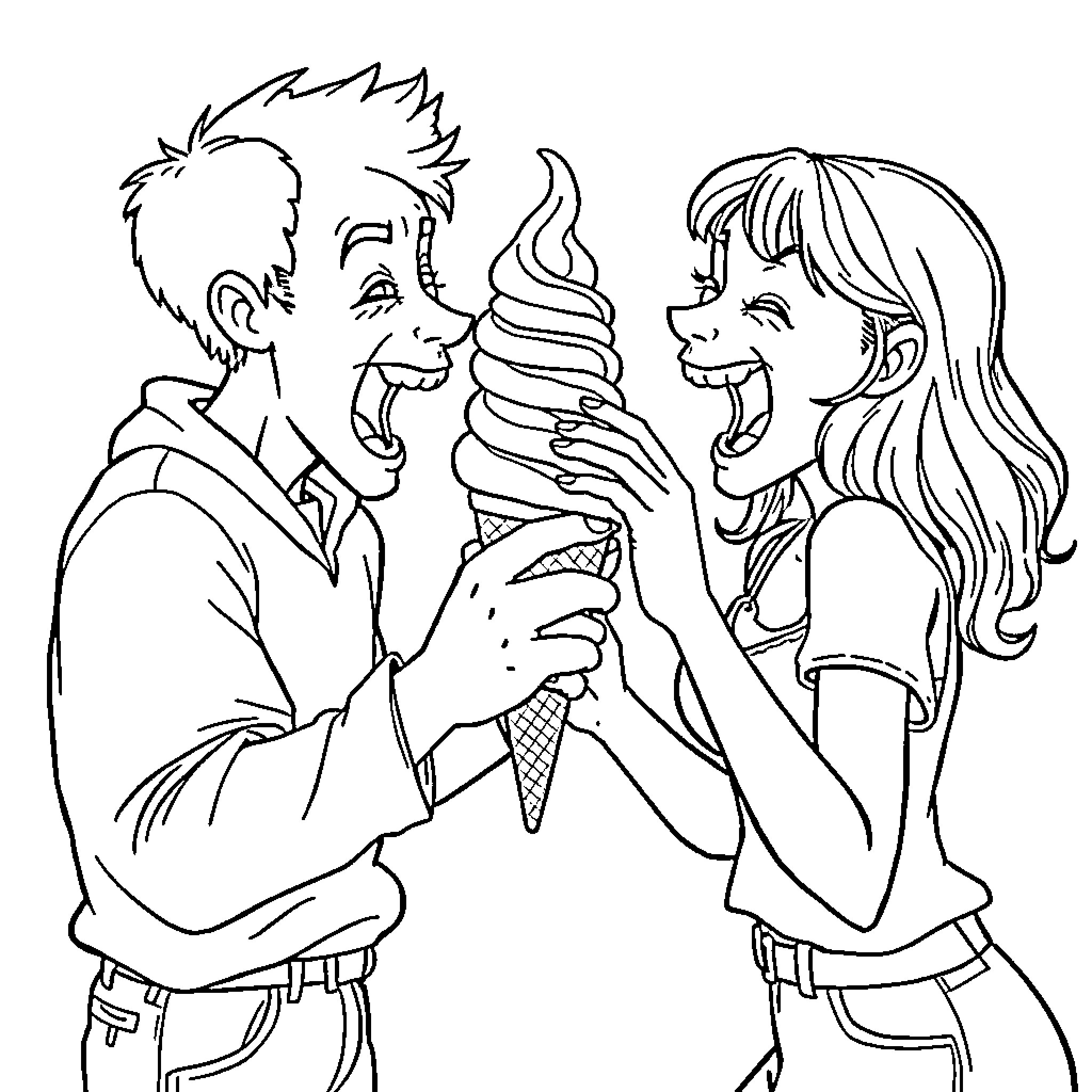 Person enjoys sweet ice cream with friend Coloring Page (free black-and-white line drawing printable PDF for all, from beginners to advanced learners, including children, teens, adults, and seniors)