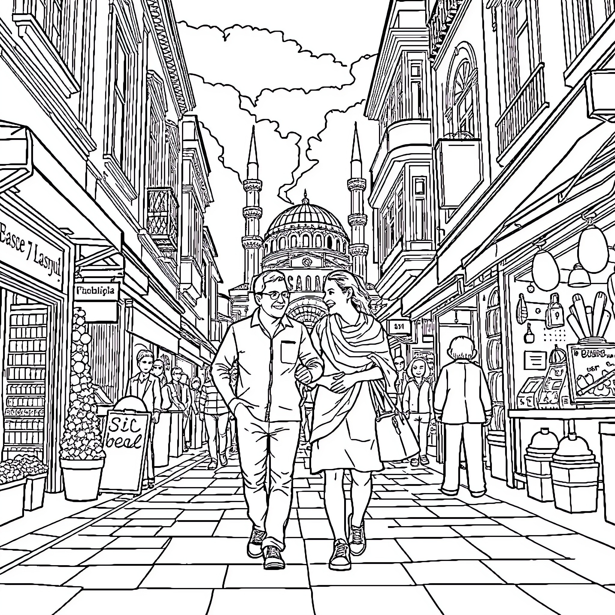 Family exploring the bustling urban city streets Coloring Page (free black-and-white line drawing printable PDF for all, from beginners to advanced learners, including children, teens, adults, and seniors)
