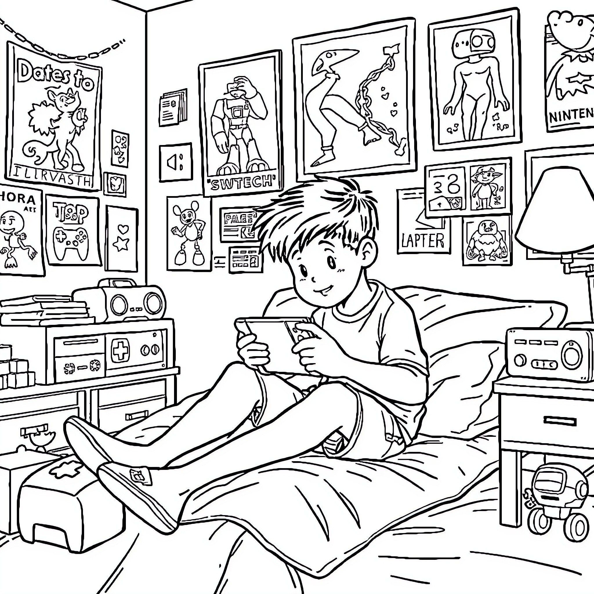 Boy enjoying video games in his bedroom Coloring Page (free black-and-white line drawing printable PDF for all, from beginners to advanced learners, including children, teens, adults, and seniors)