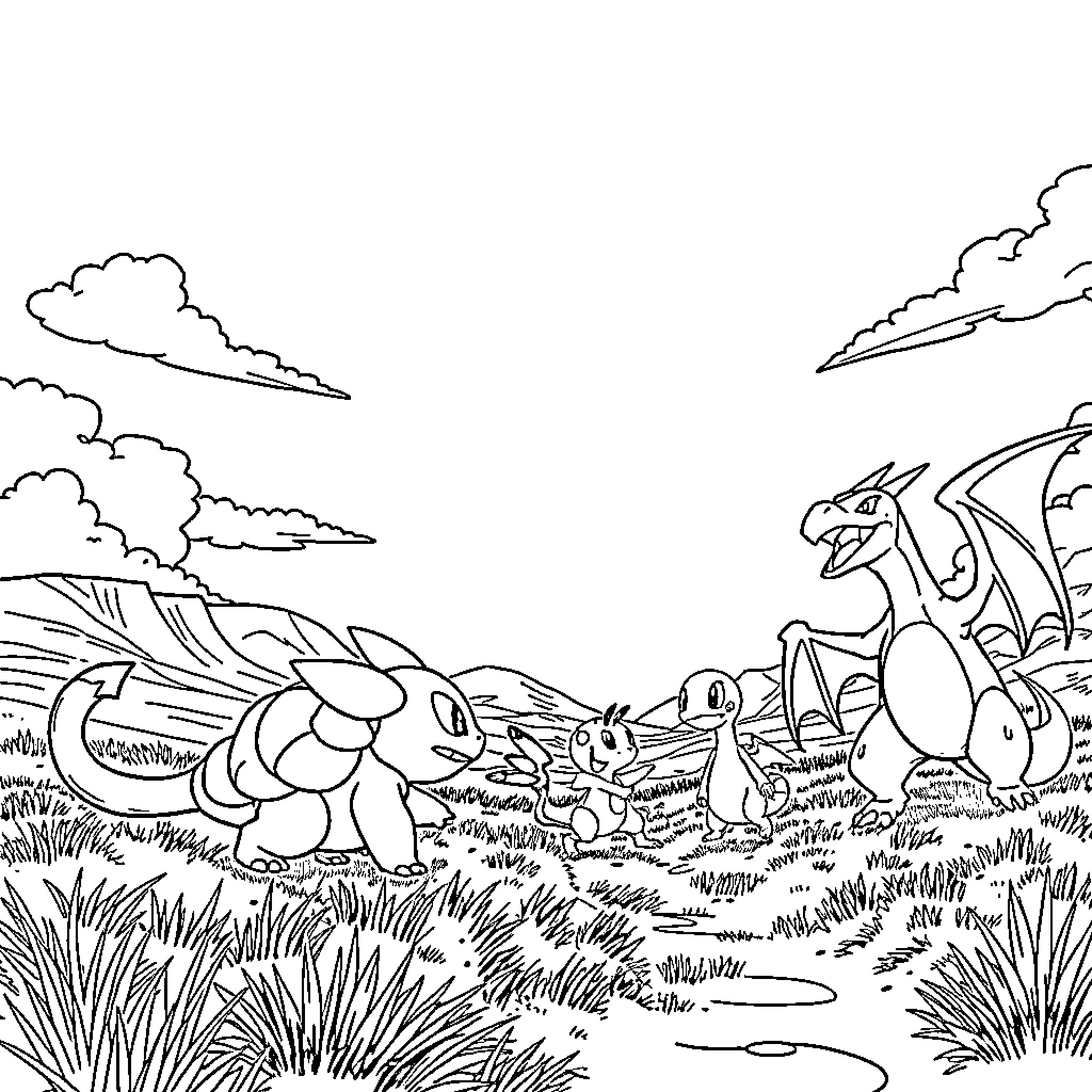 Pokémon characters playing in a natural landscape Coloring Page (free black-and-white line drawing printable PDF for all, from beginners to advanced learners, including children, teens, adults, and seniors)