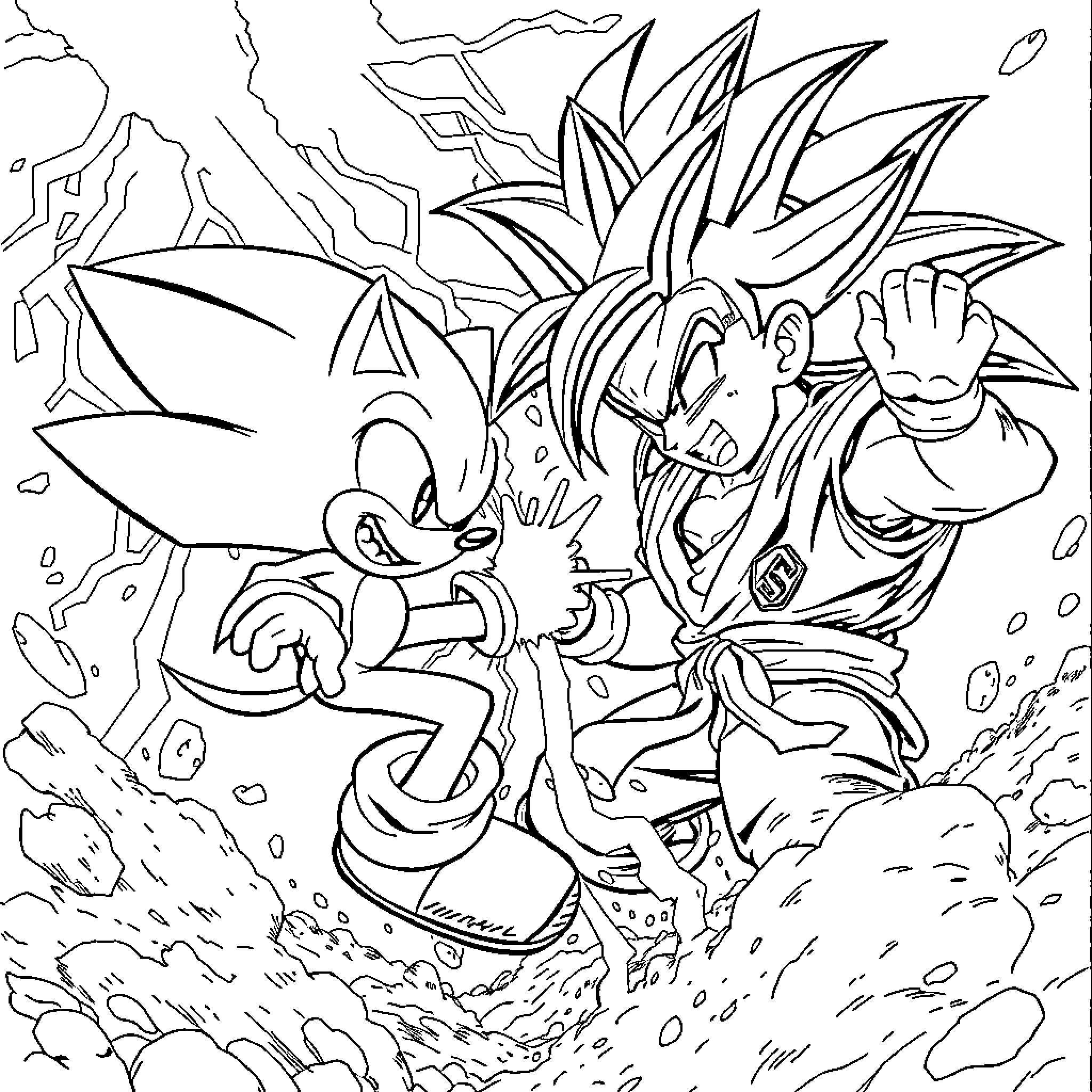 Sonic characters in action-packed scene Coloring Page (free black-and-white line drawing printable PDF for all, from beginners to advanced learners, including children, teens, adults, and seniors)