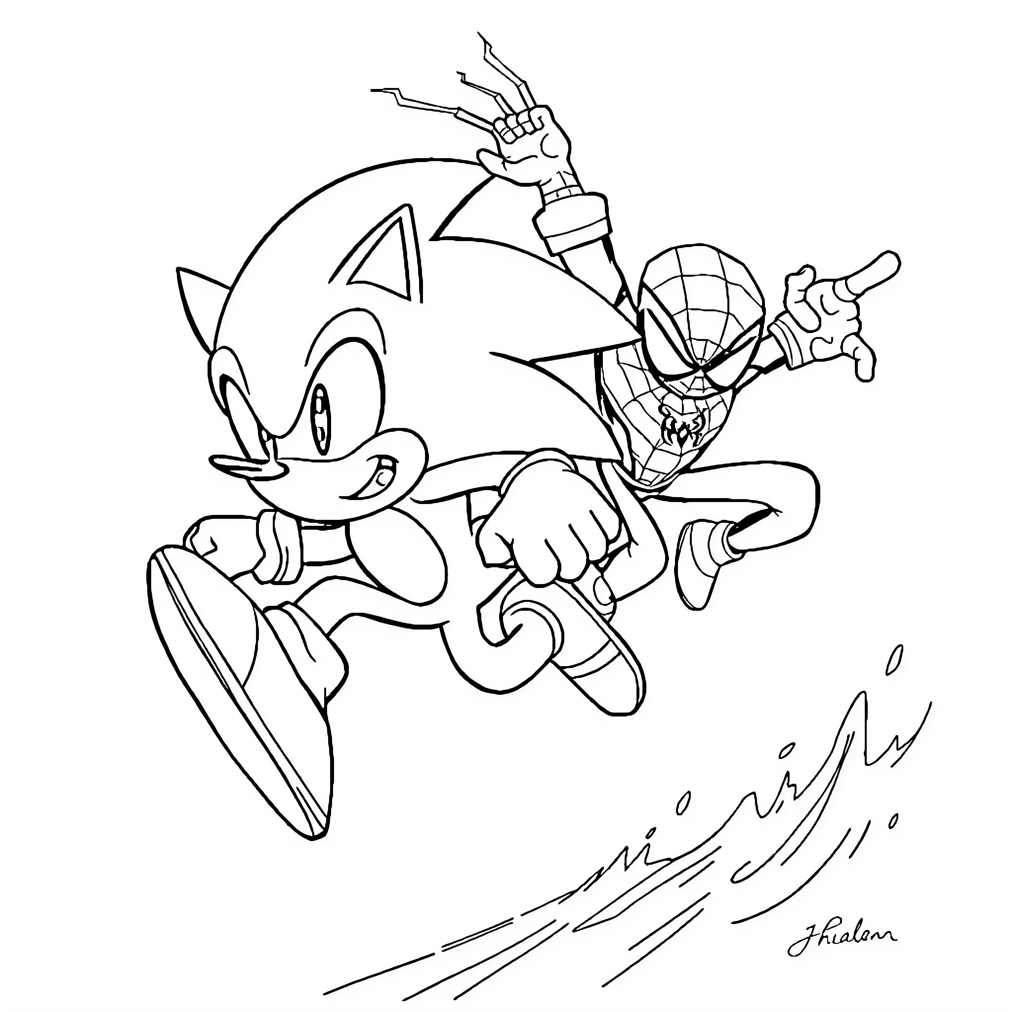 Sonic racing and jumping excitedly Coloring Page (free black-and-white line drawing printable PDF for all, from beginners to advanced learners, including children, teens, adults, and seniors)