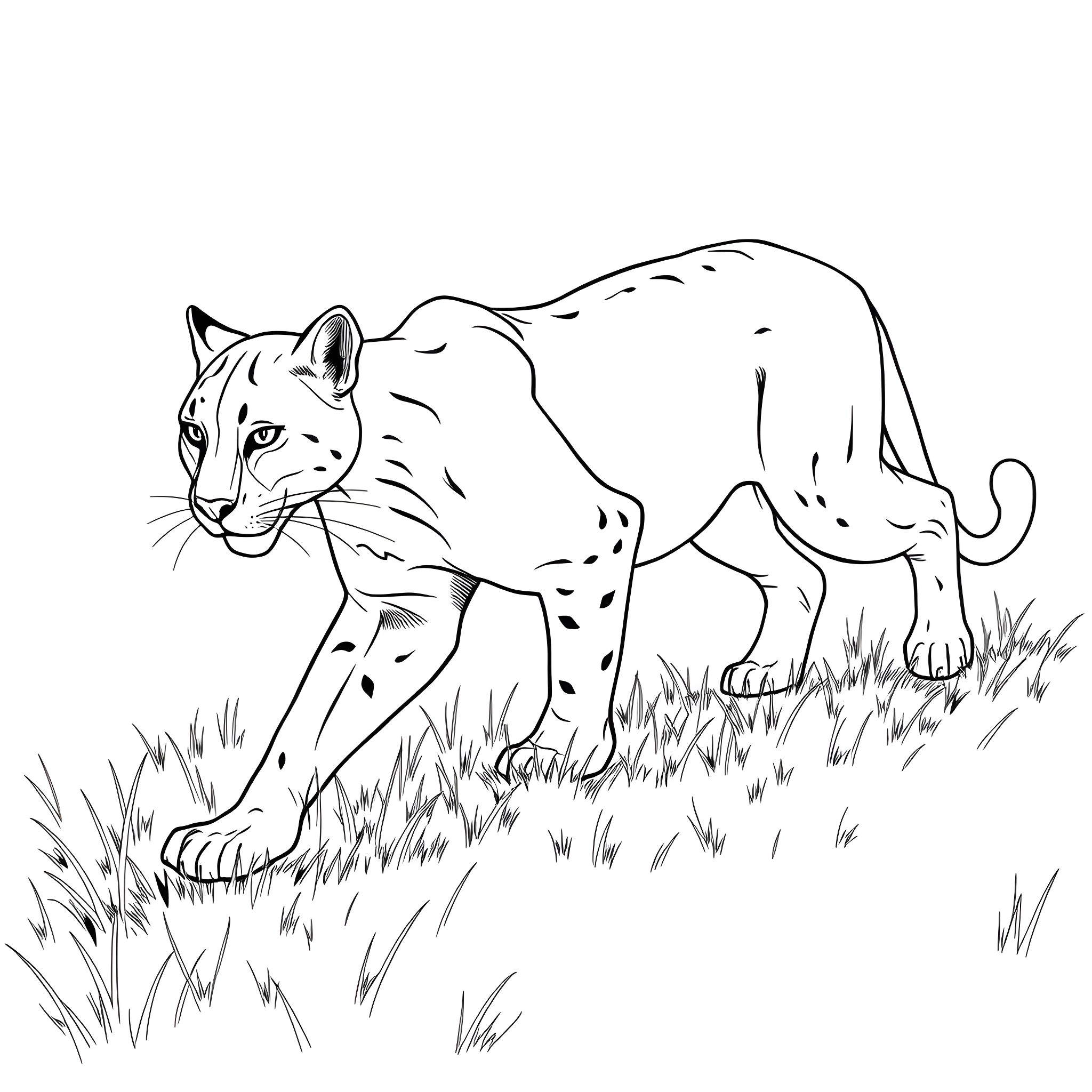 Cougar stalking through the wild grass Coloring Page (free black-and-white line drawing printable PDF for all, from beginners to advanced learners, including children, teens, adults, and seniors)