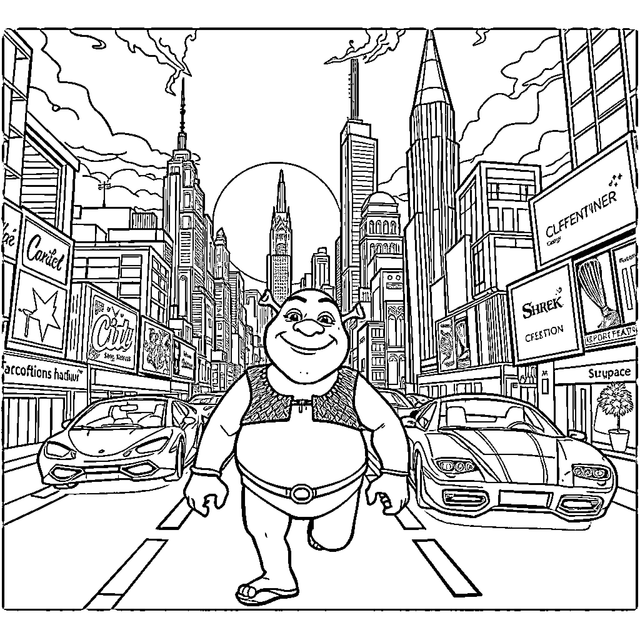Shrek enjoys a busy city scene Coloring Page (free black-and-white line drawing printable PDF for all, from beginners to advanced learners, including children, teens, adults, and seniors)