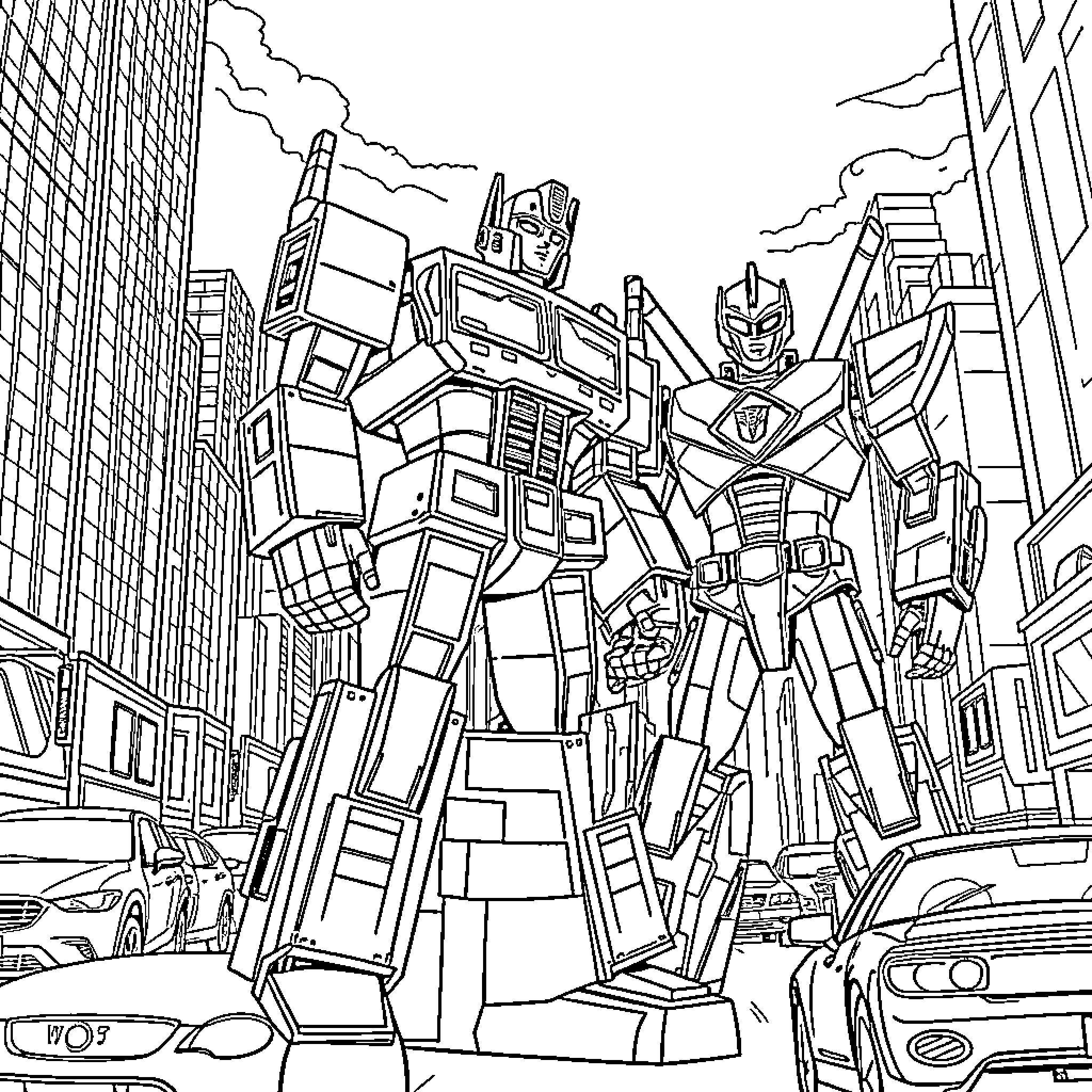 Optimus Prime leading Autobots in an urban city Coloring Page (free black-and-white line drawing printable PDF for all, from beginners to advanced learners, including children, teens, adults, and seniors)
