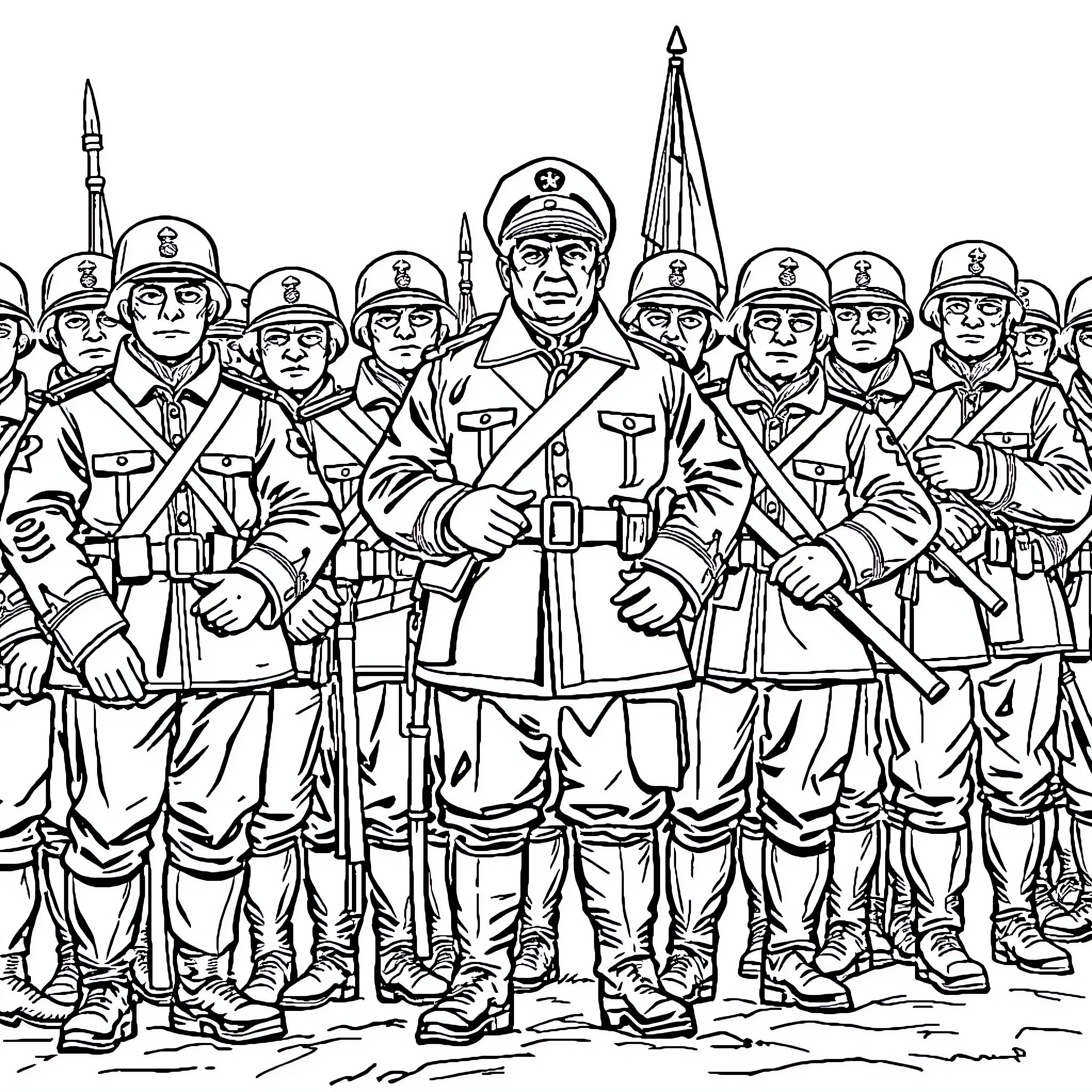 Chetnik soldiers marching in military formation Coloring Page (free black-and-white line drawing printable PDF for all, from beginners to advanced learners, including children, teens, adults, and seniors)