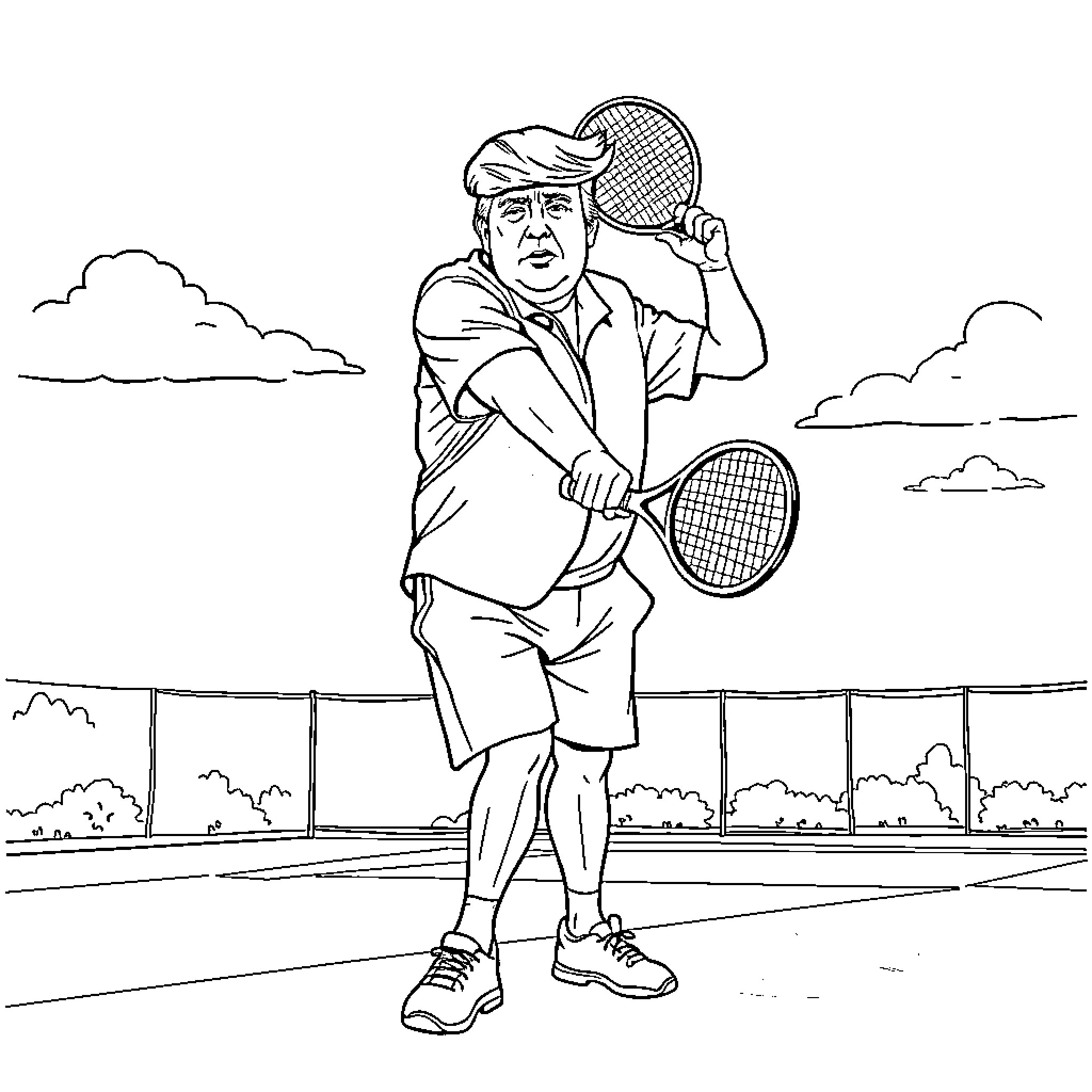 Trump Plays Tennis with Enthusiasm Coloring Page (free black-and-white line drawing printable PDF for all, from beginners to advanced learners, including children, teens, adults, and seniors)