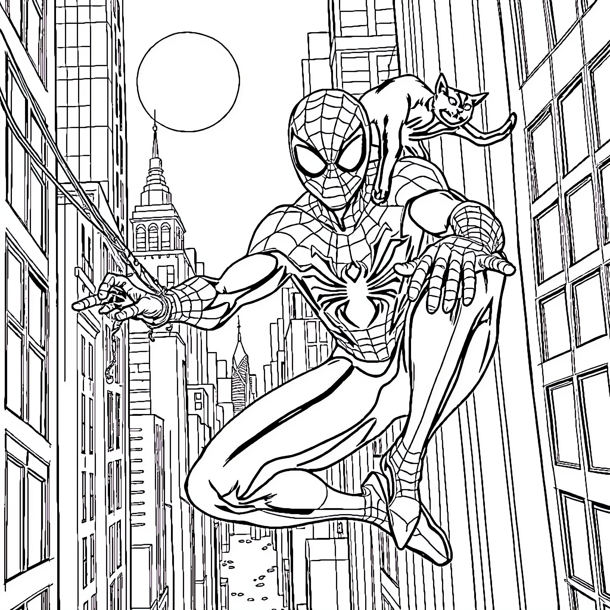 Spiderman swinging through the city skyline Coloring Page (free black-and-white line drawing printable PDF for all, from beginners to advanced learners, including children, teens, adults, and seniors)
